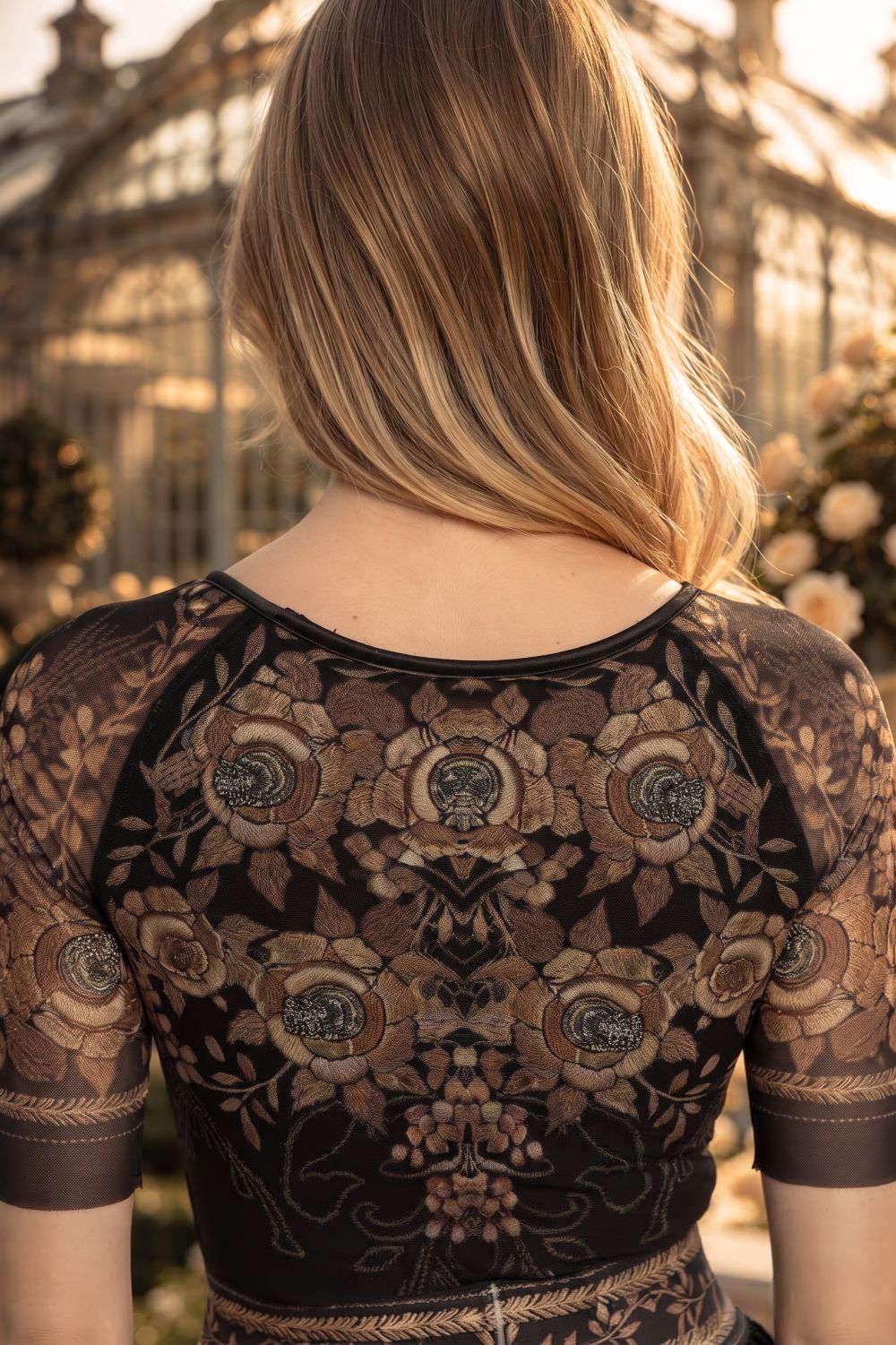 SHORT-SLEEVE MESH BODYSUIT WITH MODAL LINING - GOLDEN ROSES