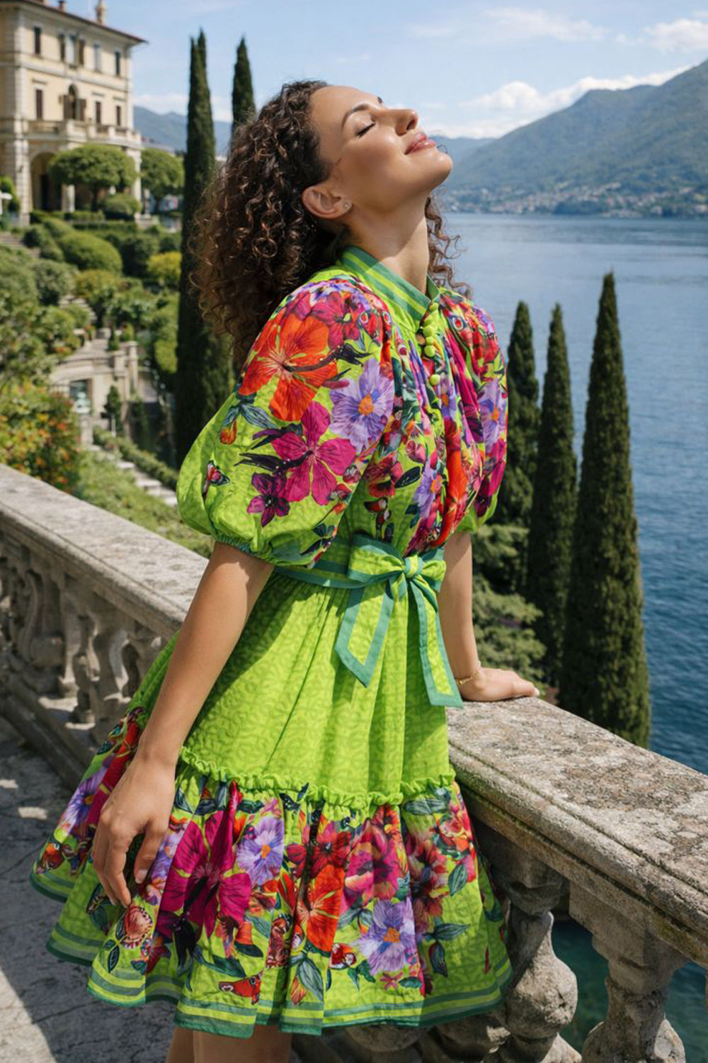 CHIFFON DRESS WITH PUFF SLEEVE - ACID GREEN LOGO JIORO ШИФОНЕНА РОКЛЯ С ОБЕМЕН РЪКАВ - ACID GREEN LOGO JIORO