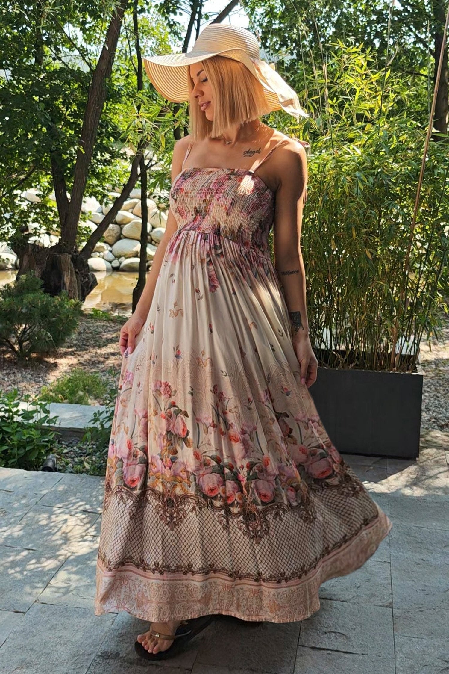 VISCOSE DRESS WITH STRAPS - BAROQUE FLOWERS JIRO ДЪЛГА РОКЛЯ ОТ ВИСКОЗА С ПРЕЗРАМКИ - BAROQUE FLOWERS JIORO