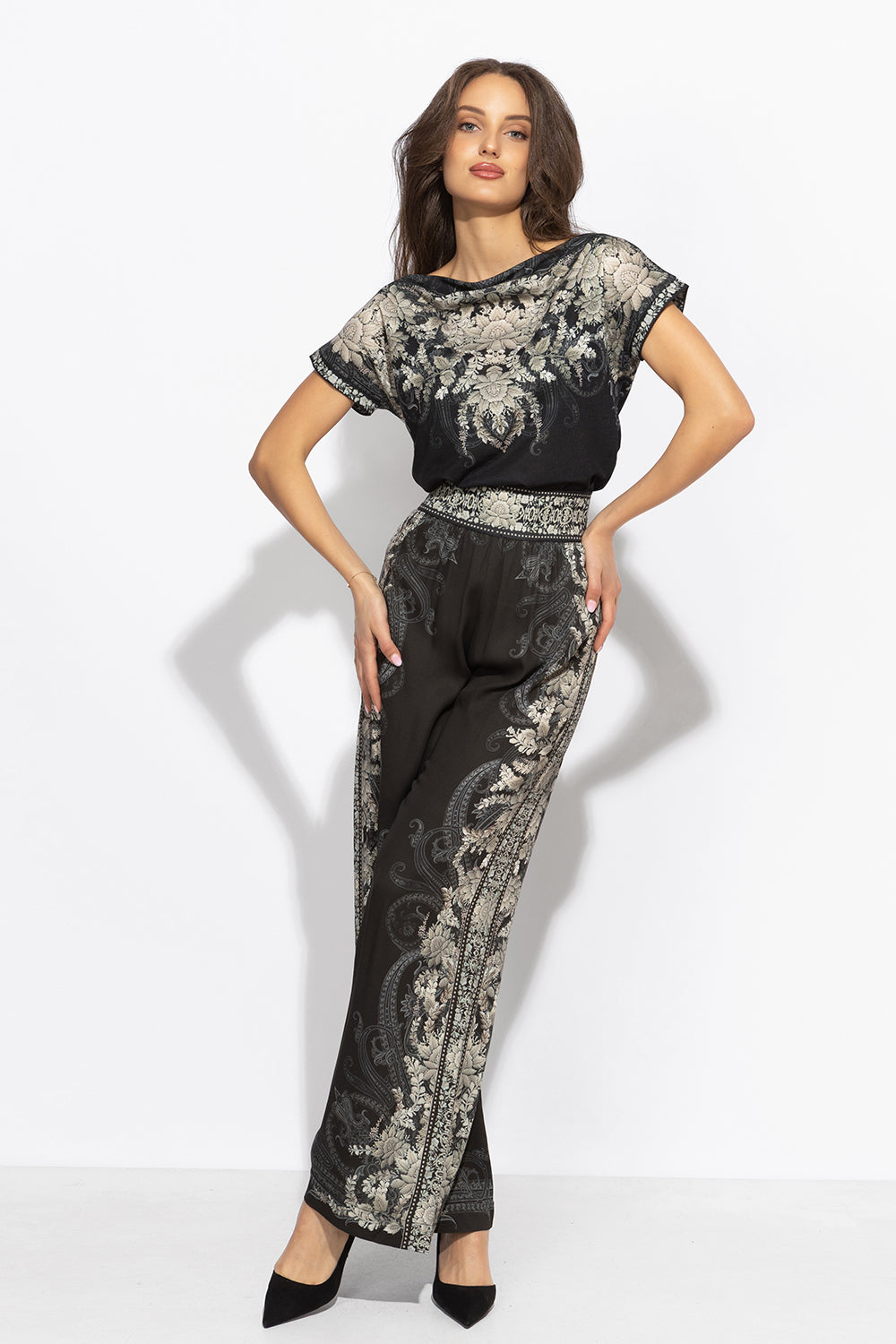 VISCOSE WIDE-LEG TROUSERS WITH ELASTIC WAIST – FROZEN LOTUS