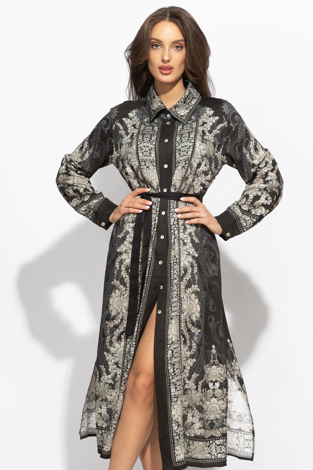 VISCOSE SHIRT DRESS WITH REMOVABLE BELT - FROZEN LOTUS