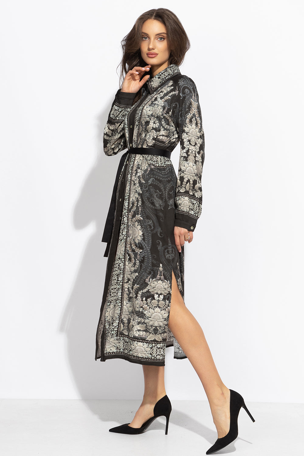 VISCOSE SHIRT DRESS WITH REMOVABLE BELT - FROZEN LOTUS