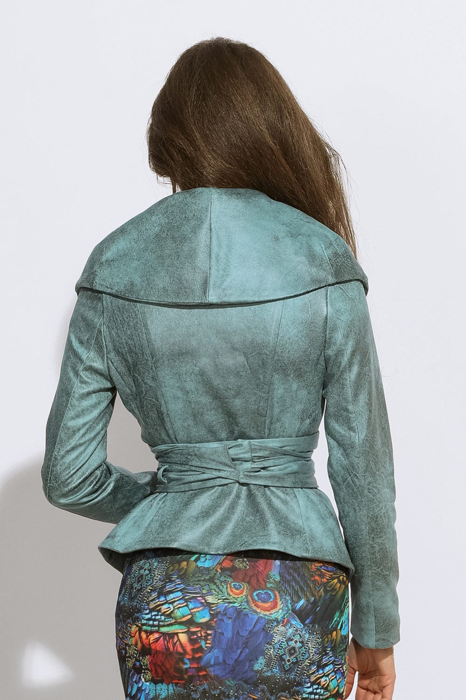 БЛЕЙЗЕР С ШАЛ ЯКА  ОТ ВЕЛУР В АЗУРНО СИНЬО - ESSENTIALS