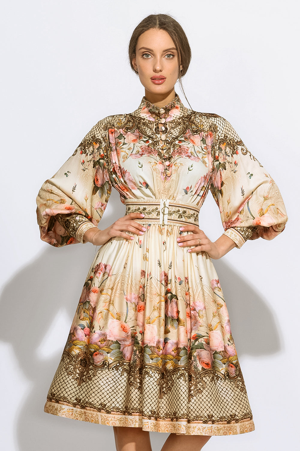 BOHO LONG-SLEEVE VISCOSE DRESS - BAROQUE FLOWERS