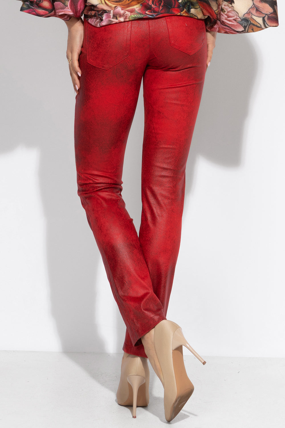 SUEDE LOOK SKINNY 5-POCKET PANTS IN RED - ESSENTIALS