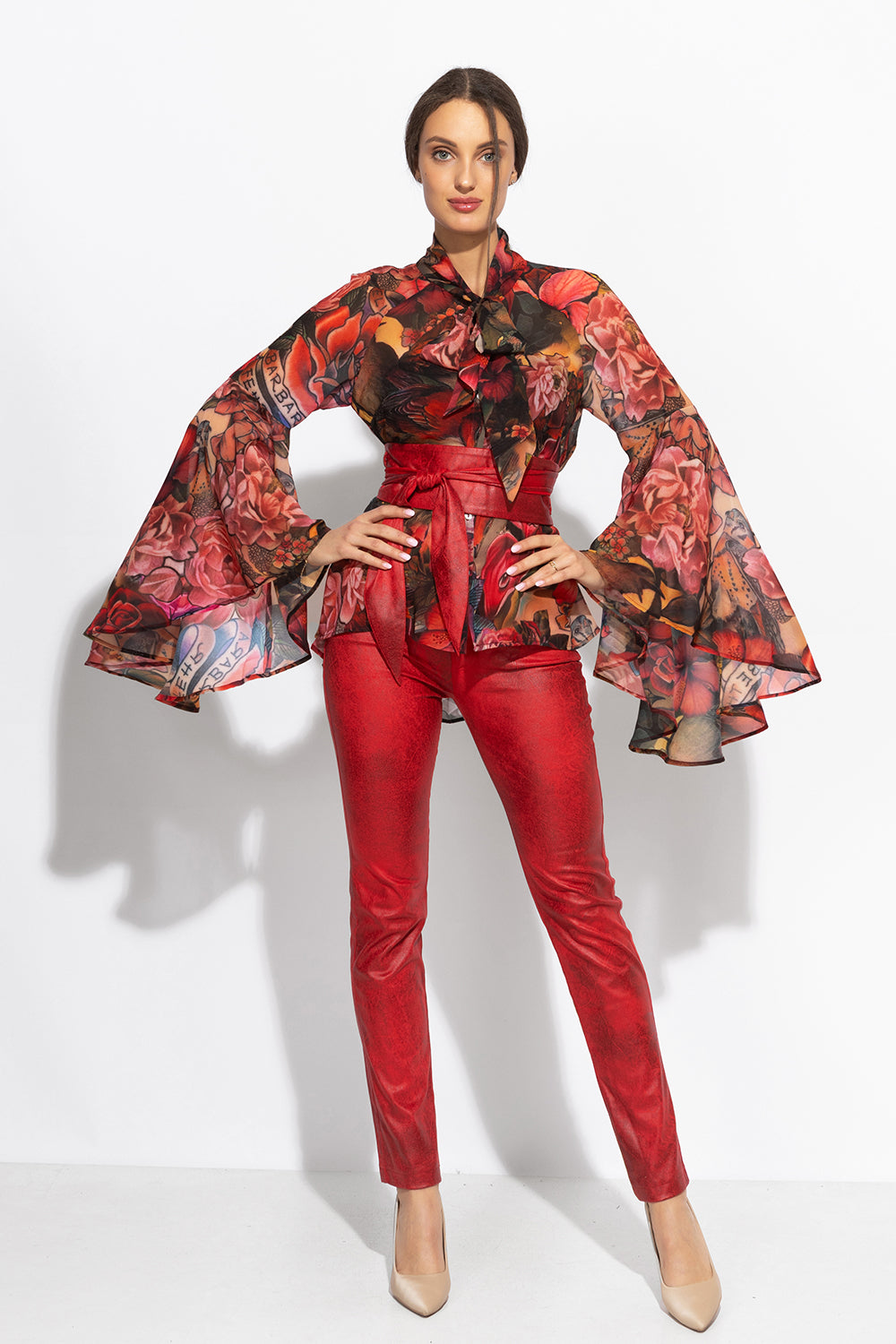 SUEDE LOOK SKINNY 5-POCKET PANTS IN RED - ESSENTIALS