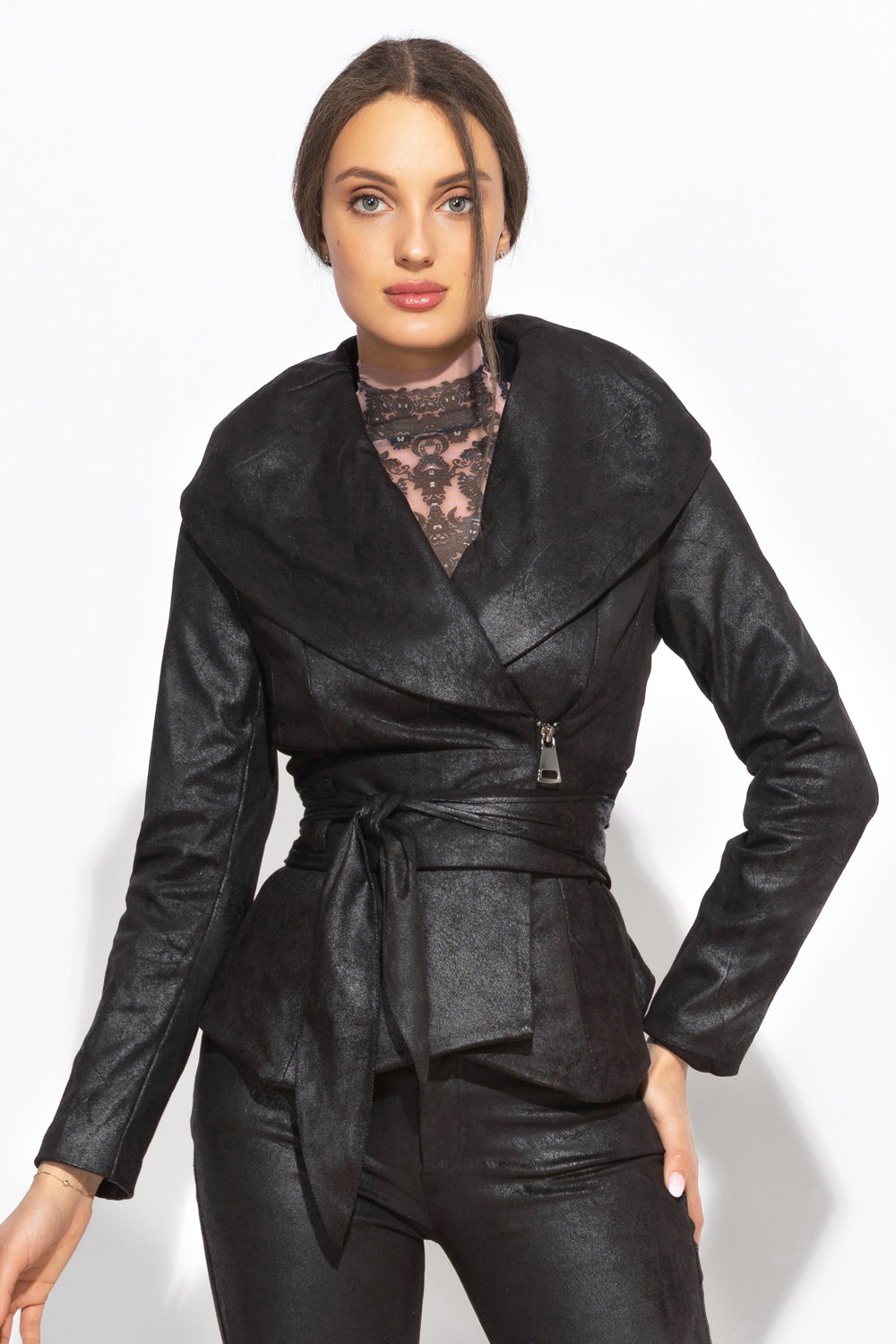 SUEDE-LOOK BLAZER WITH ASYMMETRICAL CLOSURE IN BLACK - ESSENTIALS JIORO БЛЕЙЗЕР С ШАЛ ЯКА ОТ ВЕЛУР В ЧЕРНО - ESSENTIALS JIORO