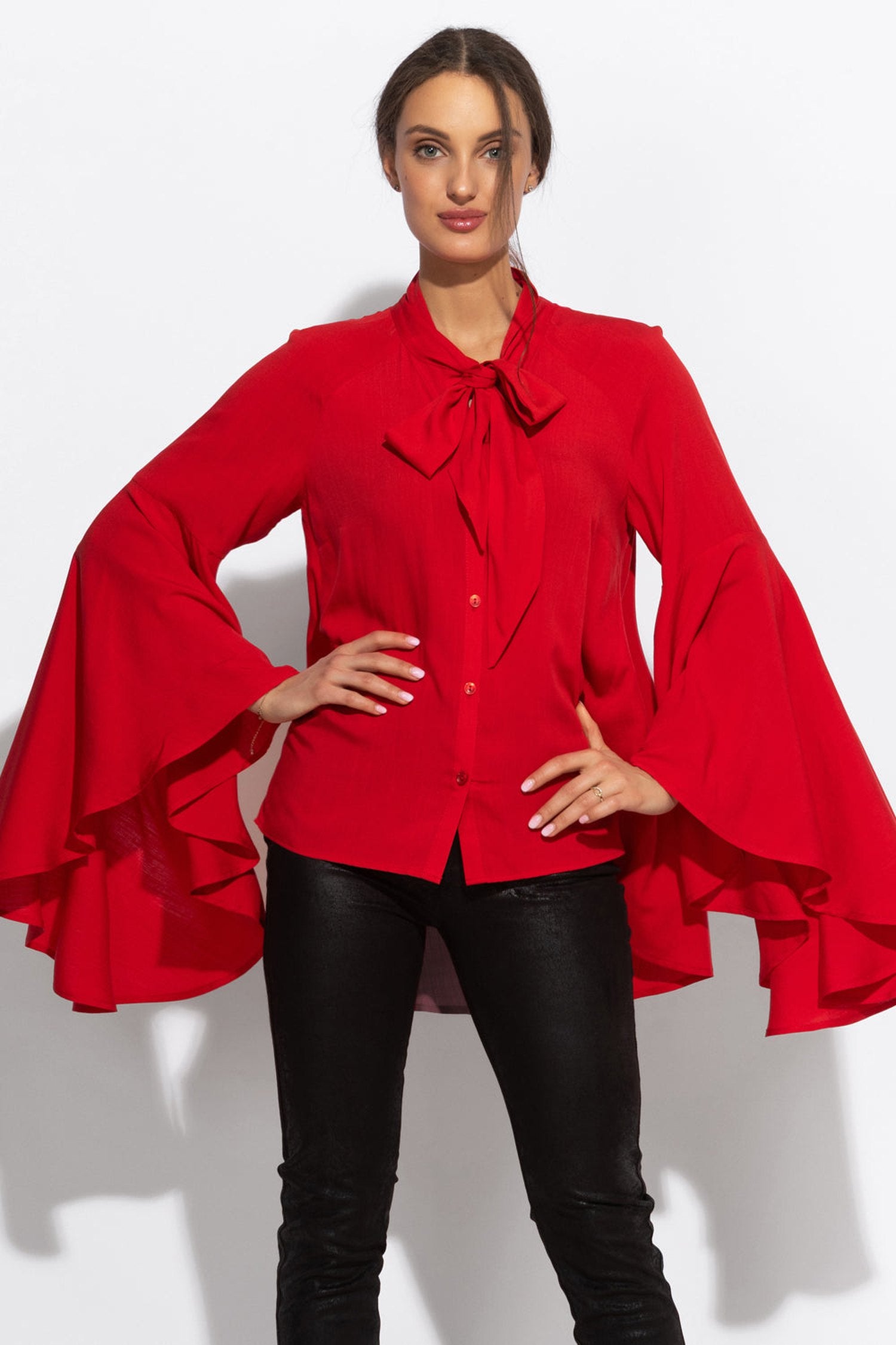 RED VISCOSE BLOUSE WITH FLARED SLEEVES - ESSENTIALS