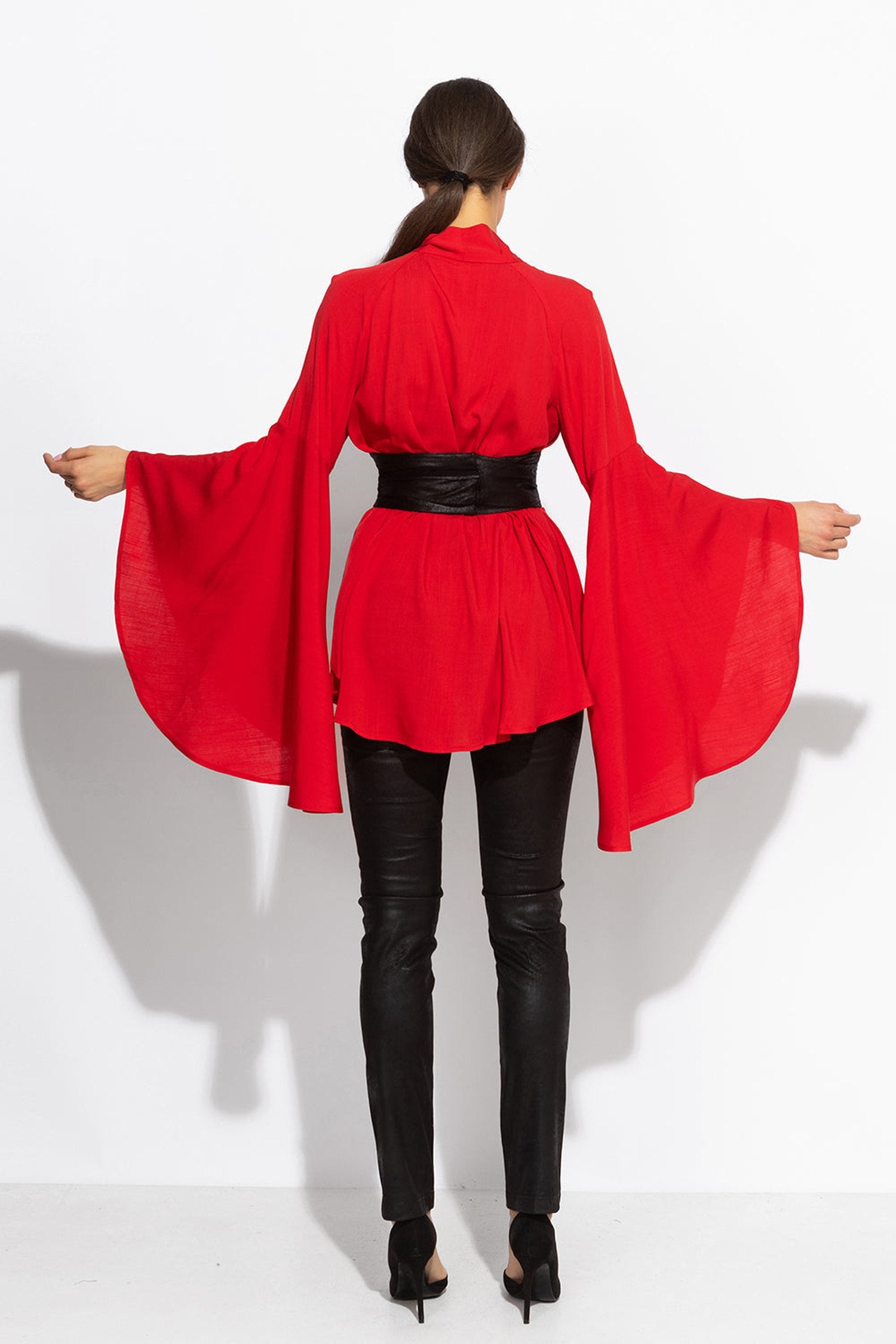 RED VISCOSE BLOUSE WITH FLARED SLEEVES - ESSENTIALS