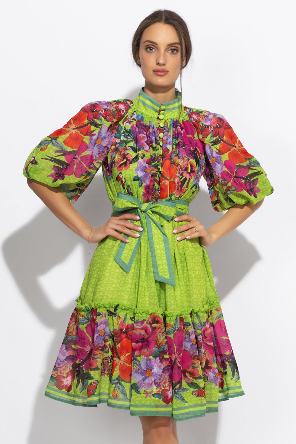 CHIFFON DRESS WITH PUFF SLEEVE - ACID GREEN LOGO JIORO ШИФОНЕНА РОКЛЯ С ОБЕМЕН РЪКАВ - ACID GREEN LOGO JIORO