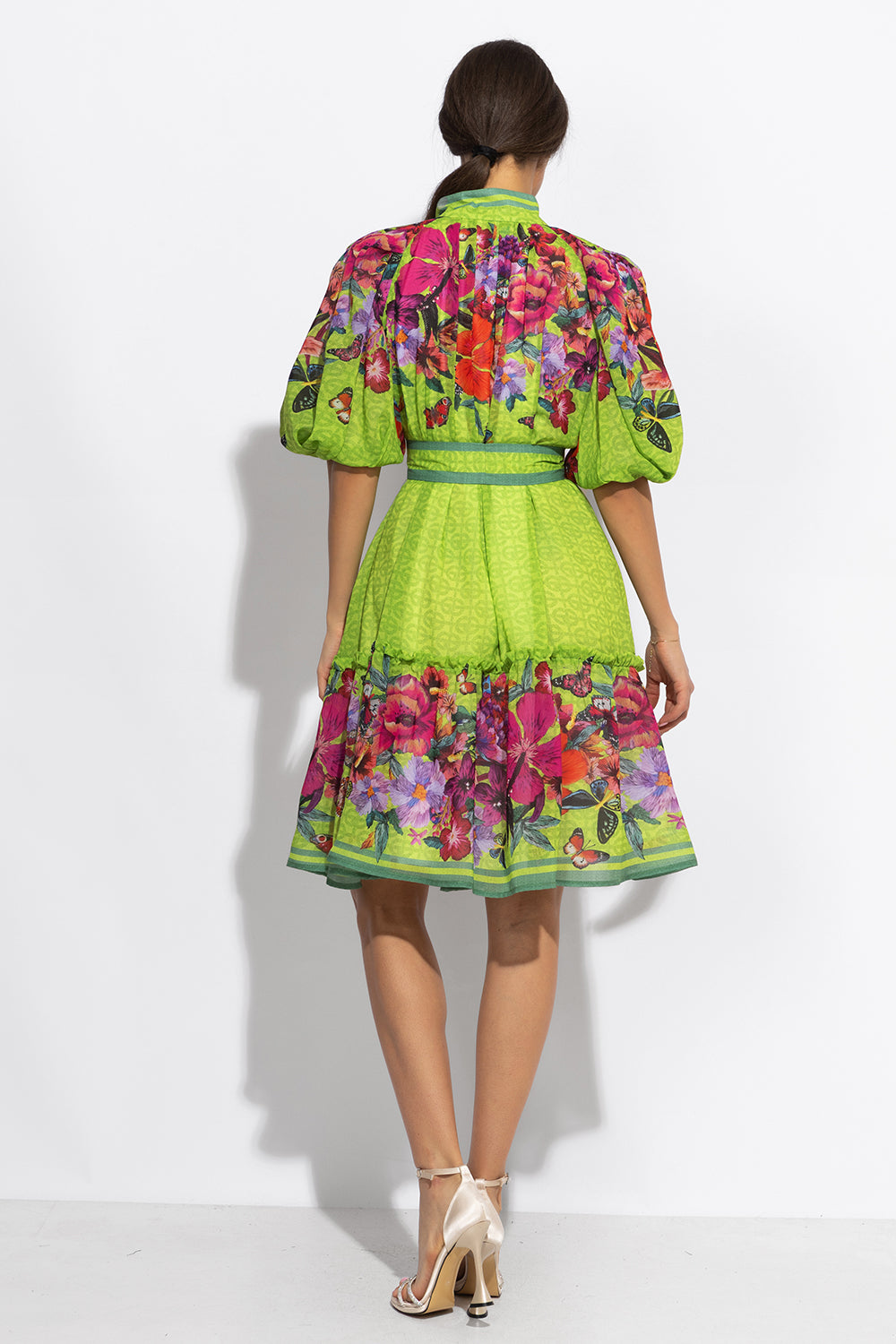 CHIFFON DRESS WITH PUFF SLEEVE - ACID GREEN LOGO JIORO ШИФОНЕНА РОКЛЯ С ОБЕМЕН РЪКАВ - ACID GREEN LOGO JIORO