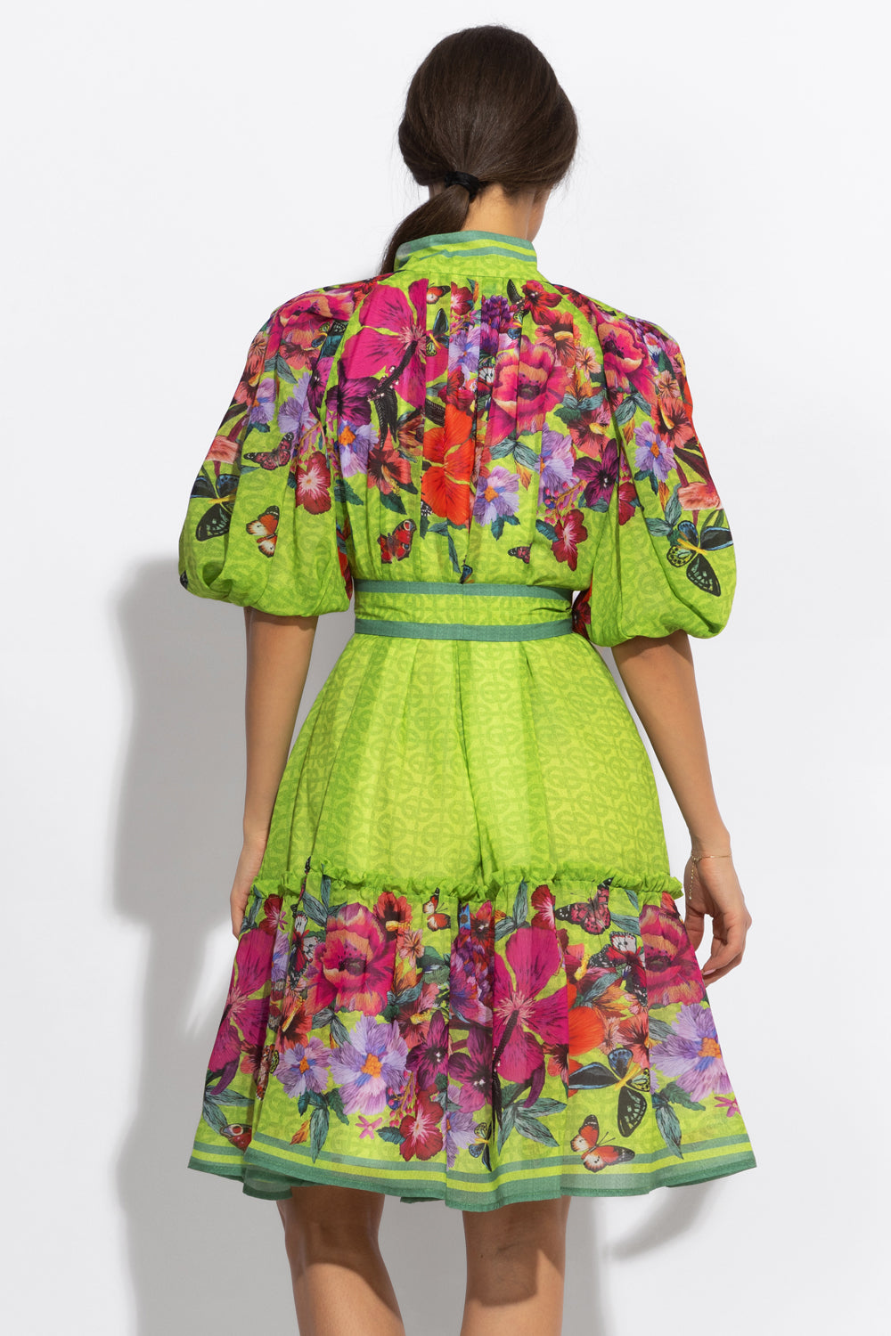 CHIFFON DRESS WITH PUFF SLEEVE - ACID GREEN LOGO JIORO ШИФОНЕНА РОКЛЯ С ОБЕМЕН РЪКАВ - ACID GREEN LOGO JIORO