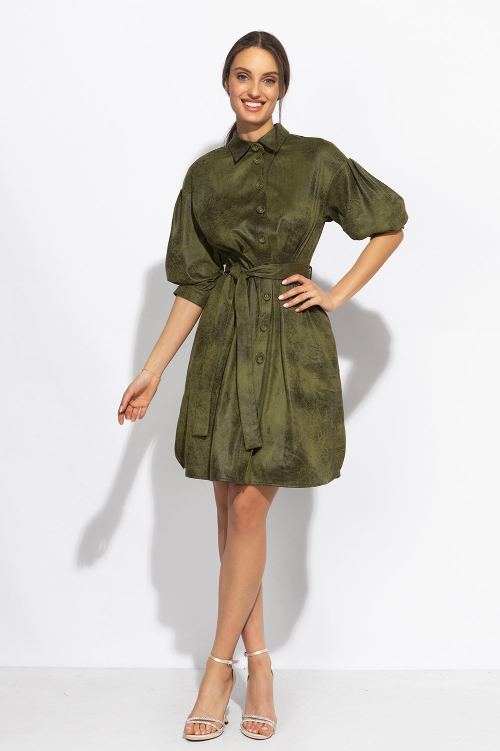 SUEDE-LOOK SHIRT DRESS IN OLIVE GREEN - ESSENTIALS