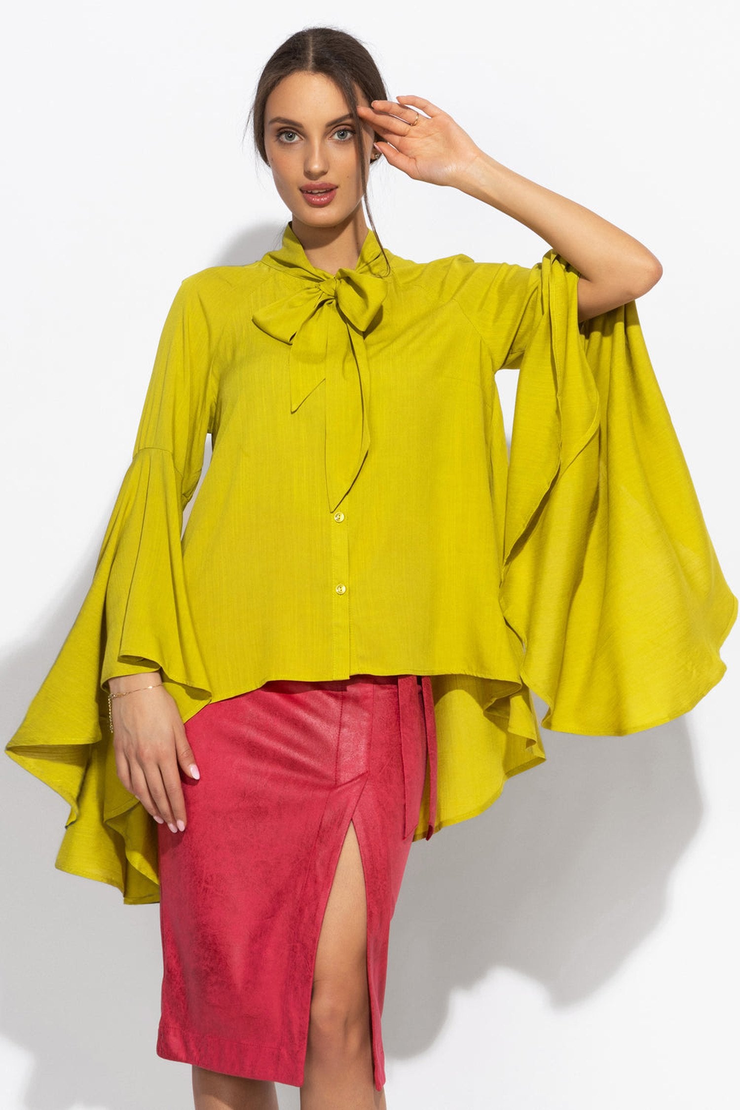 YELLOW ORCHE VISCOSE BLOUSE WITH FLARED SLEEVES – ESSENTIALS