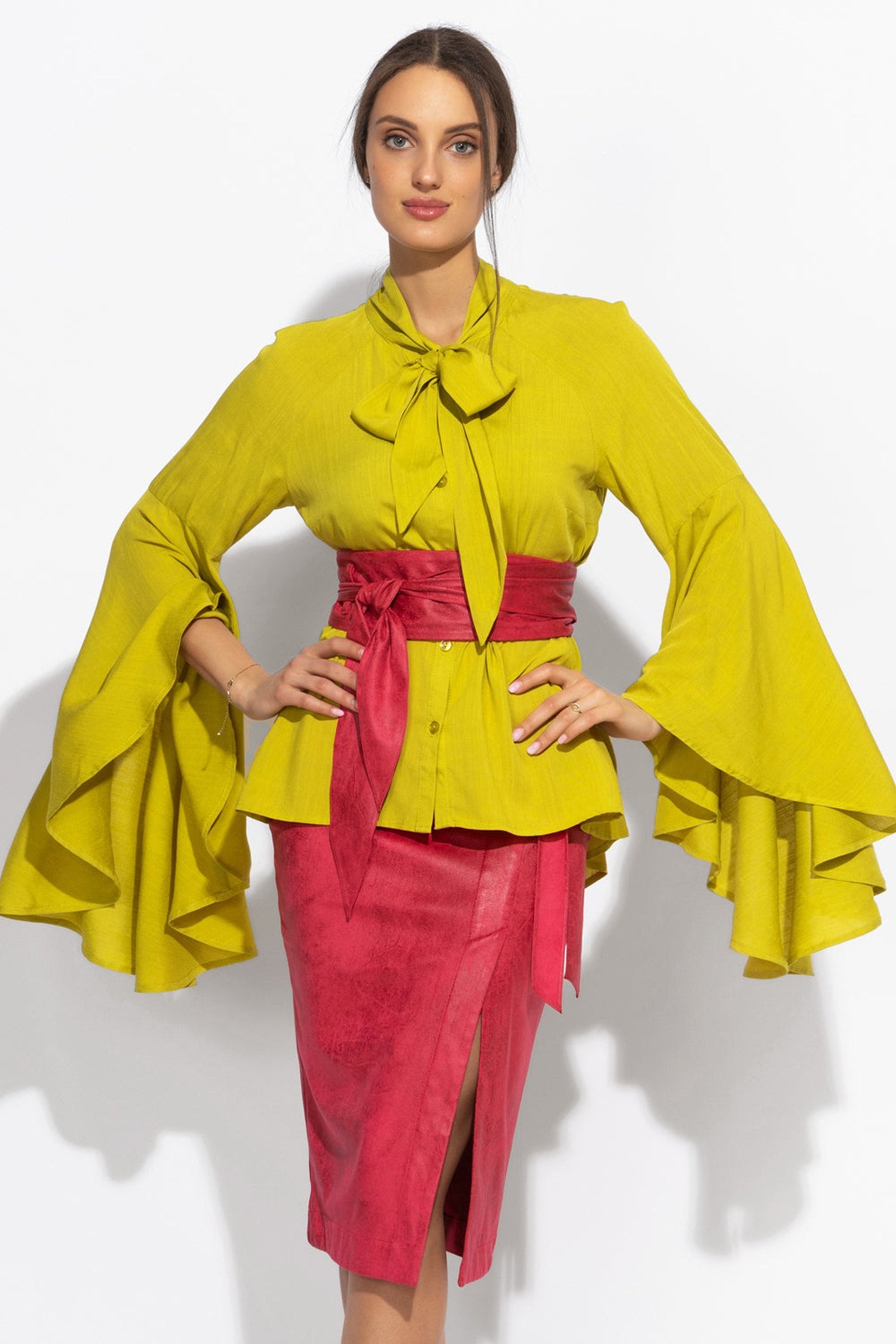 YELLOW ORCHE VISCOSE BLOUSE WITH FLARED SLEEVES – ESSENTIALS