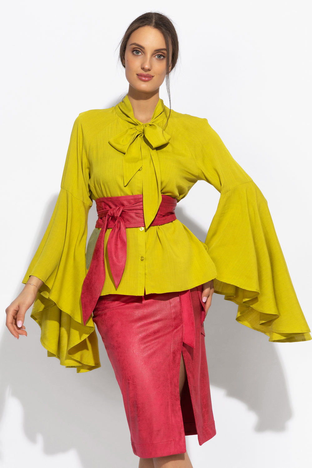 SUEDE-EFFECT CYCLAMEN WRAP SKIRT - ESSENTIALS JIORO АСИМЕТРИЧНА ПОЛА ОТ МАТЕРИЯ С ВЕЛУРЕН ЕФЕКТ В ЦВЯТ ЦИКЛАМА – ESSENTIALS JIORO