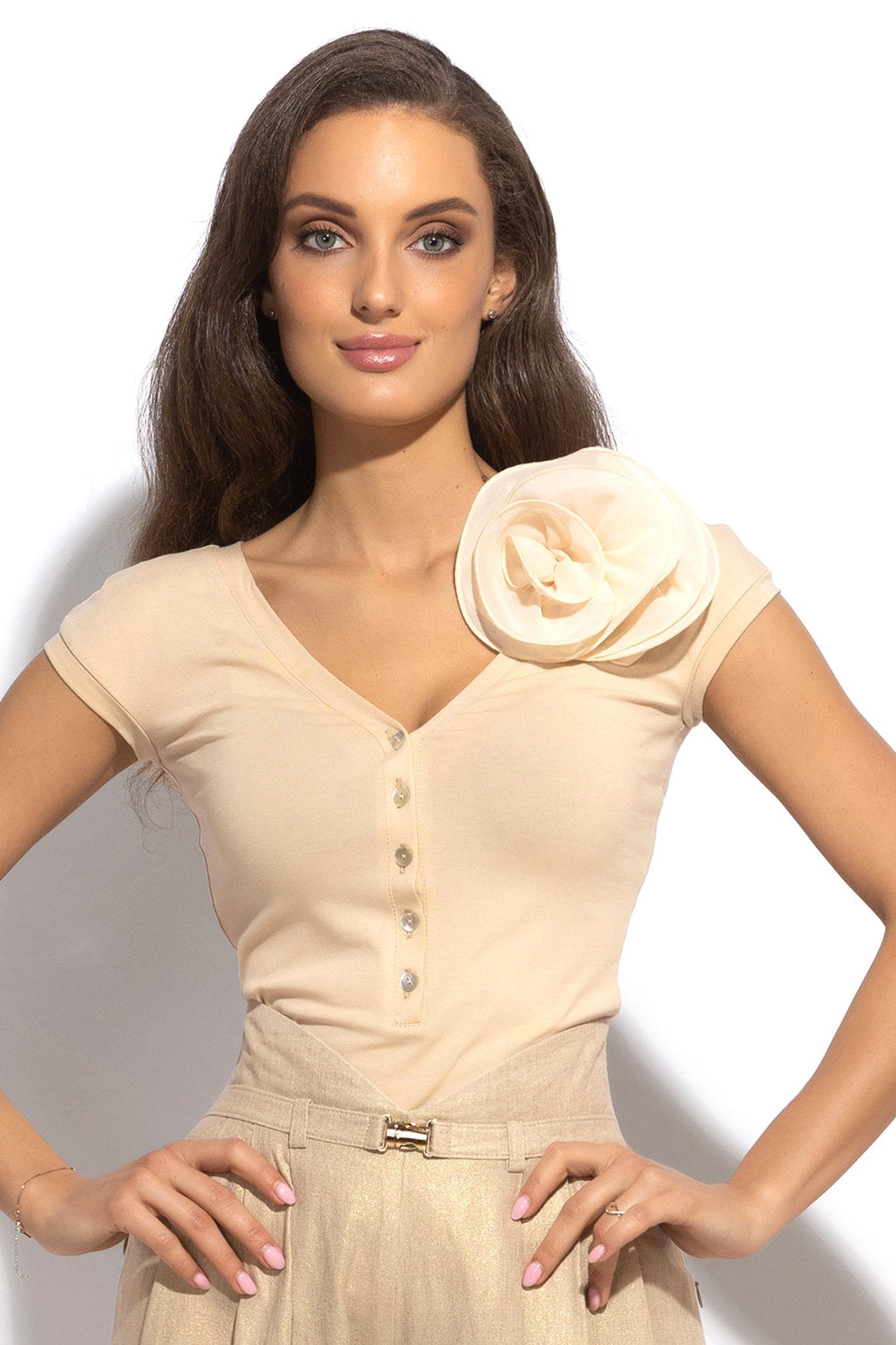 COTTON BUTTONED T-SHIRT WITH SHOULDER FLOWER - ESSENTIALS