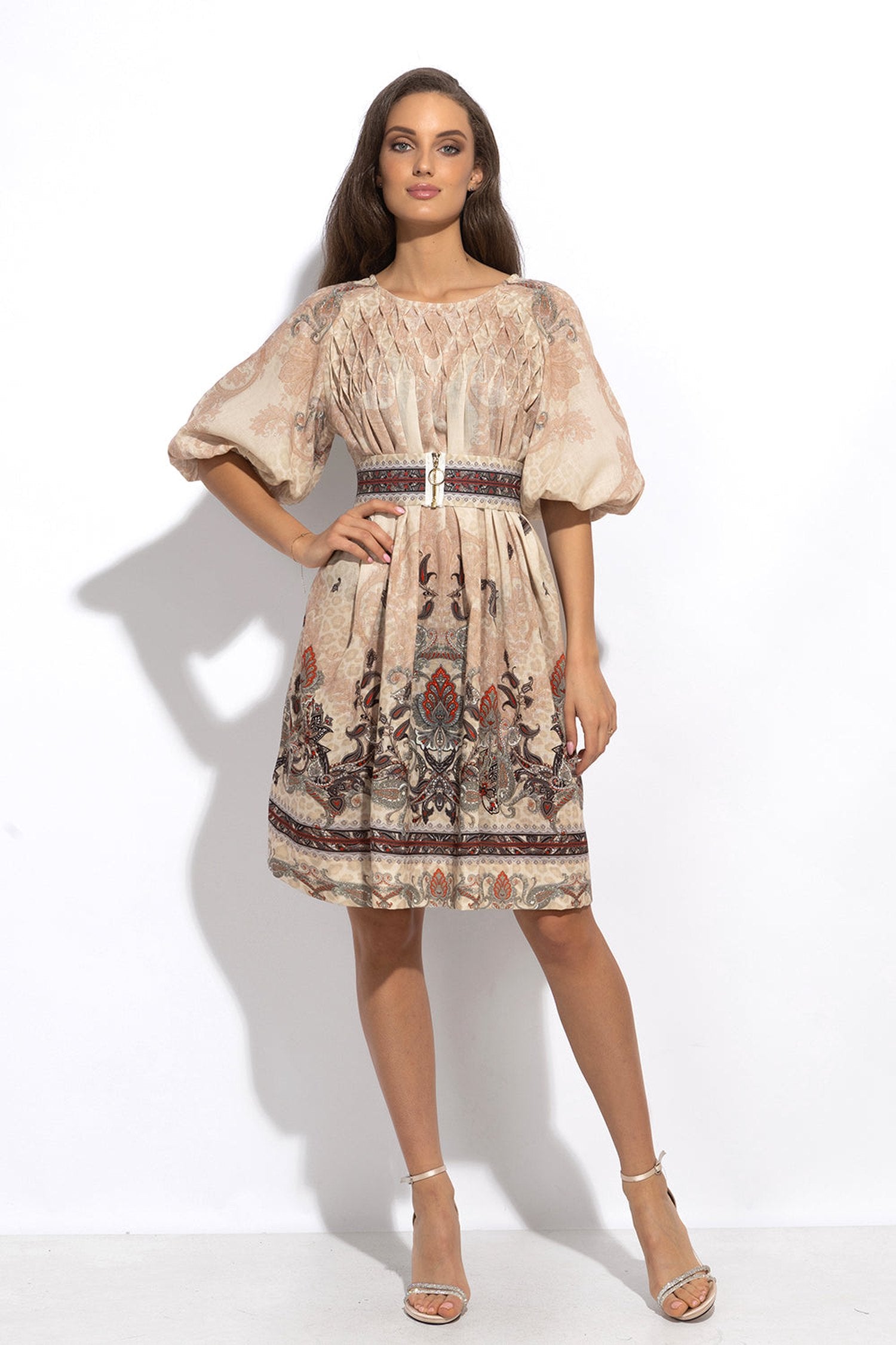 LINEN-LIKE BOHO DRESS – PAISLEY BEIGE