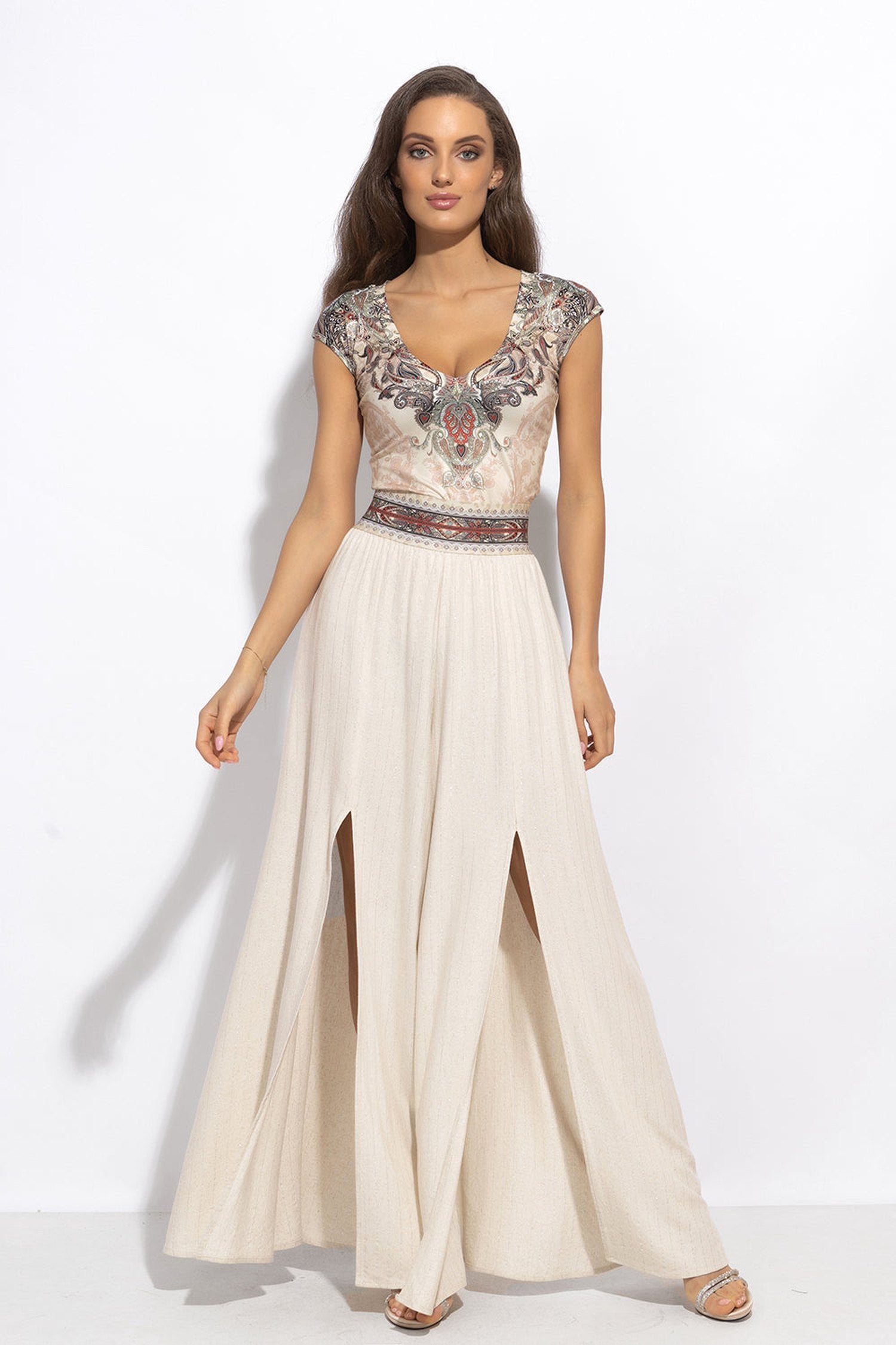 HIGH-WAISTED VISCOSE-LINEN PANTS WITH SLITS IN ECRU STRIPED - ESSENTIALS JIORO ПАНТАЛОН С ВИСОКА ТАЛИЯ ОТ ВИСКОЗА И ЛЕН СЪС СТРАНИЧНИ ЦЕПКИ В ЕКРЮ РАЙЕ - ESSENTIALS JIORO