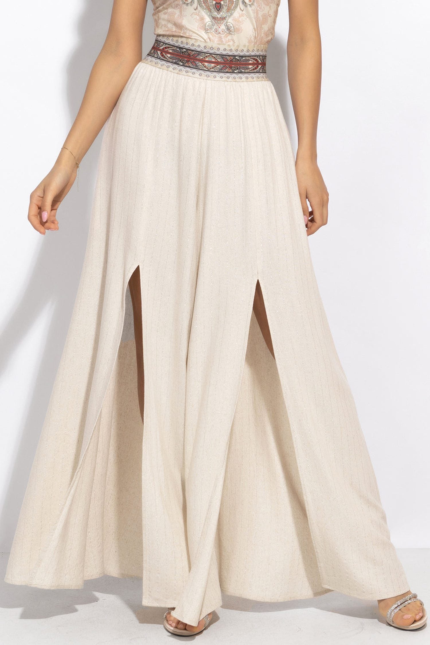 HIGH-WAISTED VISCOSE-LINEN PANTS WITH SLITS IN ECRU STRIPED - ESSENTIALS