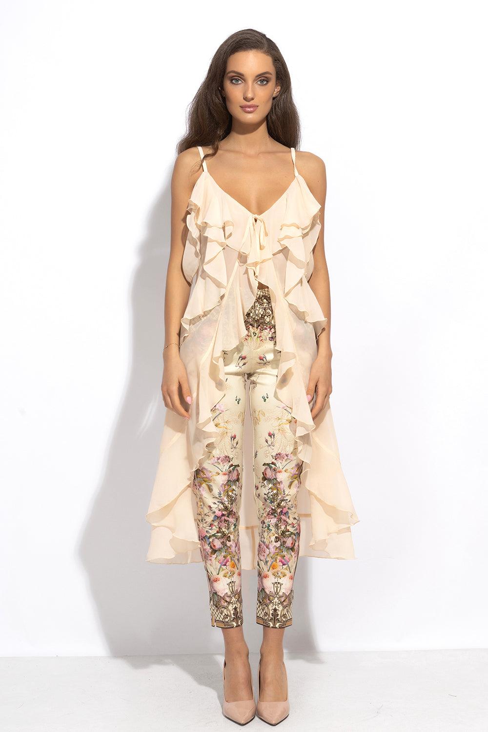 LONG RUFFLED CHIFFON TUNIC IN BEIGE - ESSENTIALS