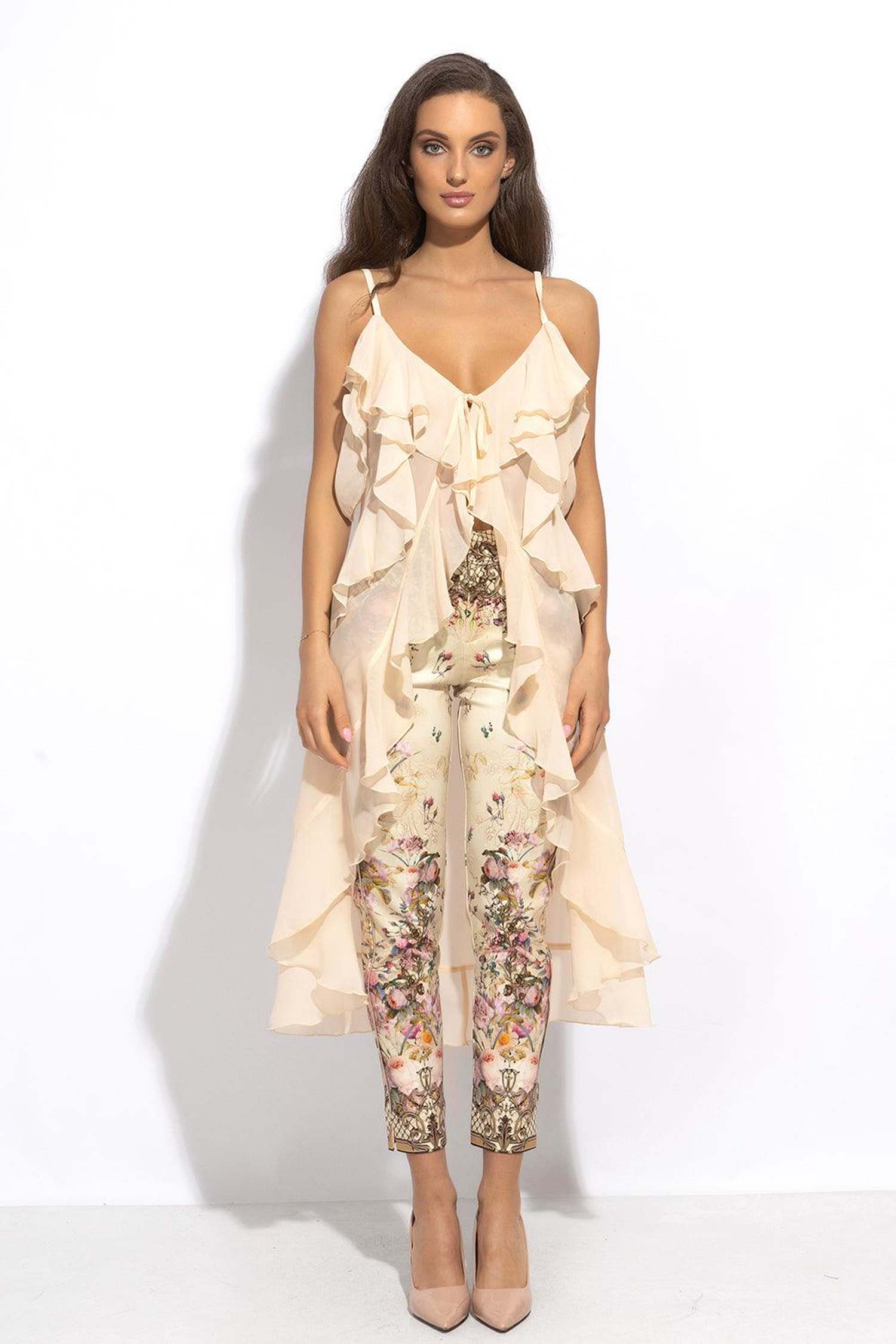 LONG RUFFLED CHIFFON TUNIC IN BEIGE - ESSENTIALS