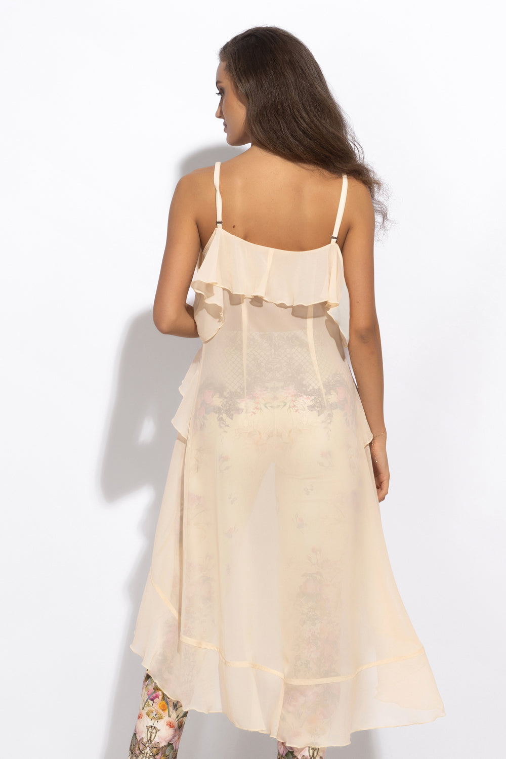 LONG RUFFLED CHIFFON TUNIC IN BEIGE - ESSENTIALS