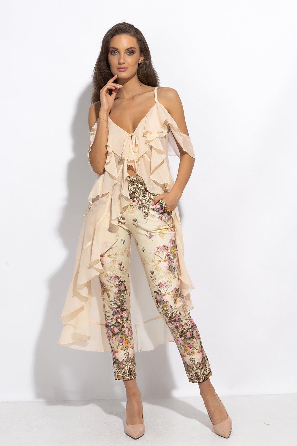 LONG RUFFLED CHIFFON TUNIC IN BEIGE - ESSENTIALS