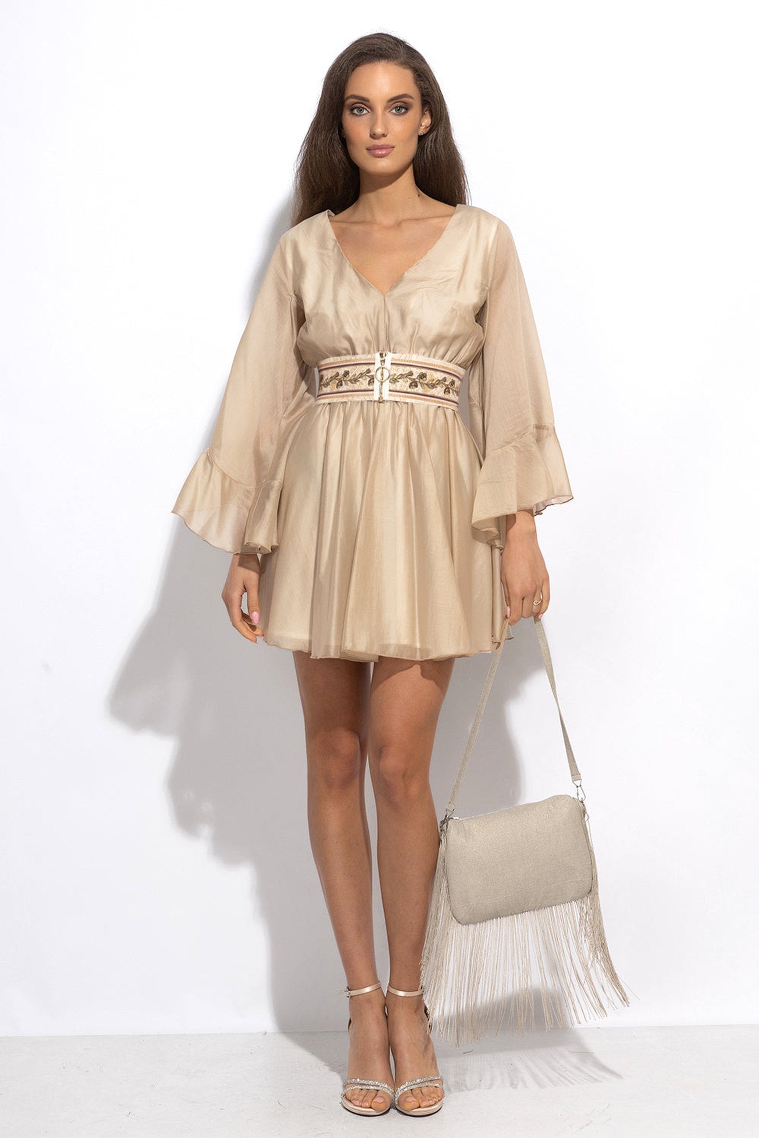SHORT LYOCELL DRESS WITH WIDE SLEEVES IN BEIGE - ESSENTIALS