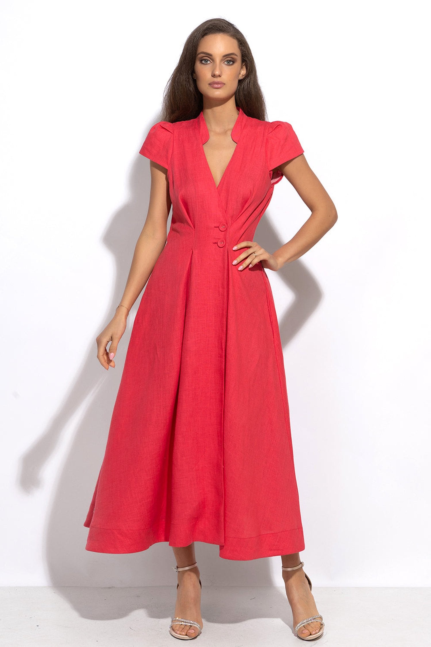 LONG FLARED LINEN DRESS IN FUCHSIA - ESSENTIALS JIORO ДЪЛГА РАЗКРОЕНА РОКЛЯ ОТ ЛЕН В ЦВЯТ ФУКСИЯ – ESSENTIALS JIORO