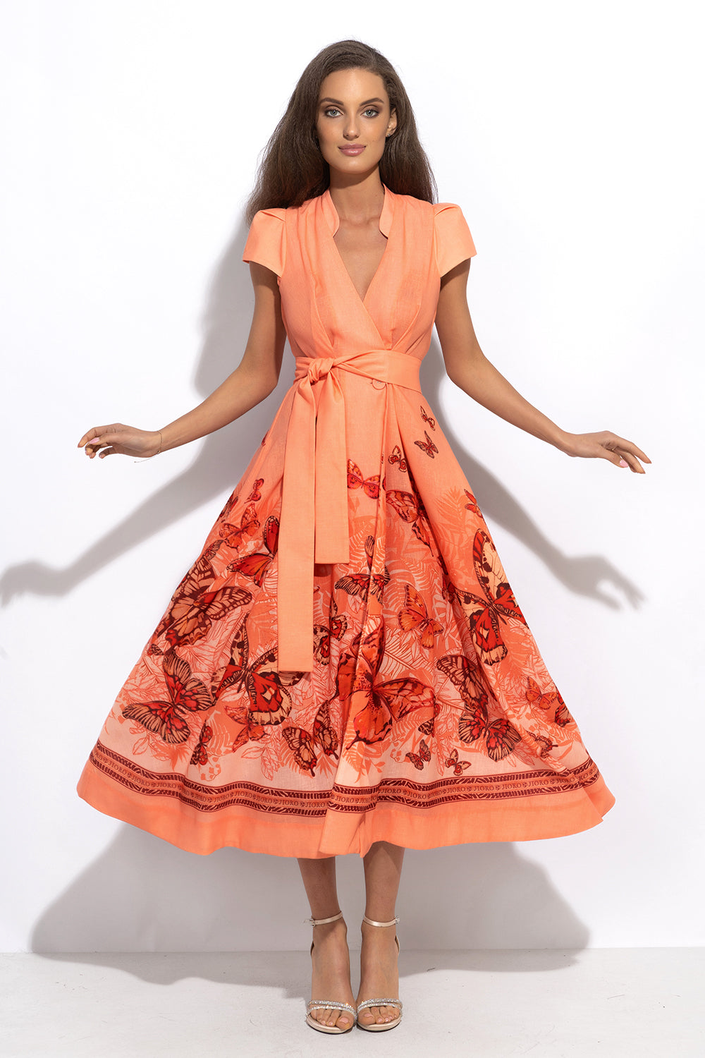 LONG FLARED LINEN DRESS - PAPAYA BUTTERFLIES