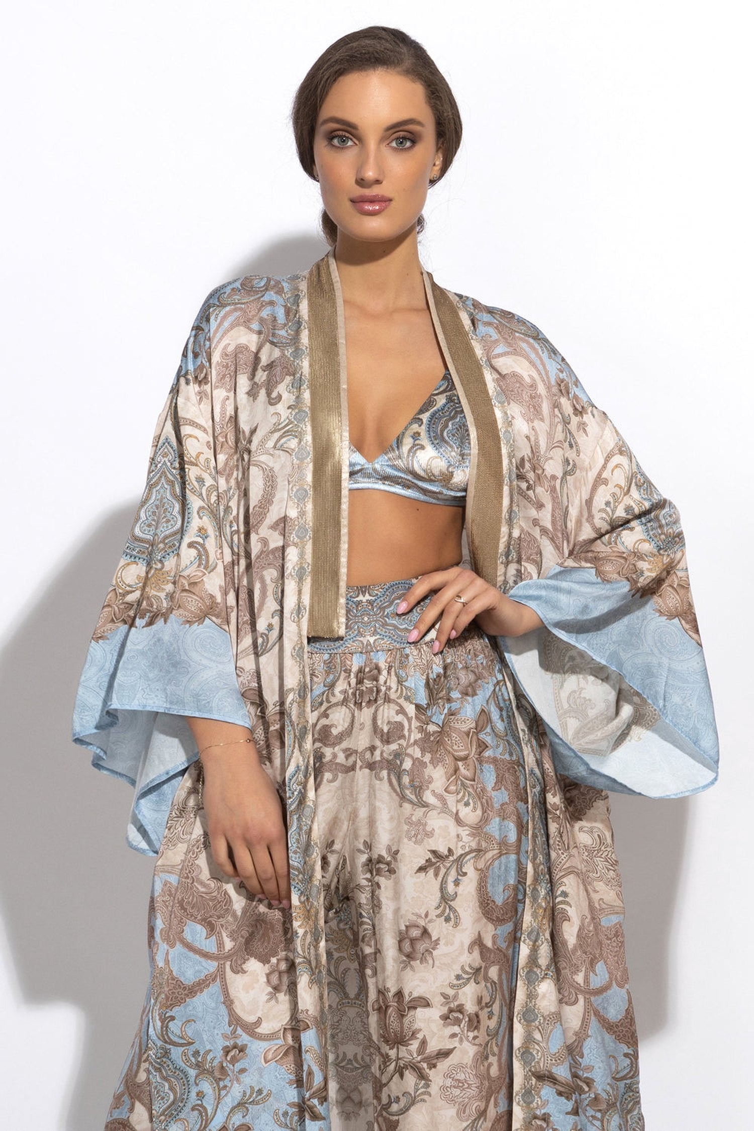 SATIN VISCOSE LOOSE FIT PANTS - PAISLEY SKY