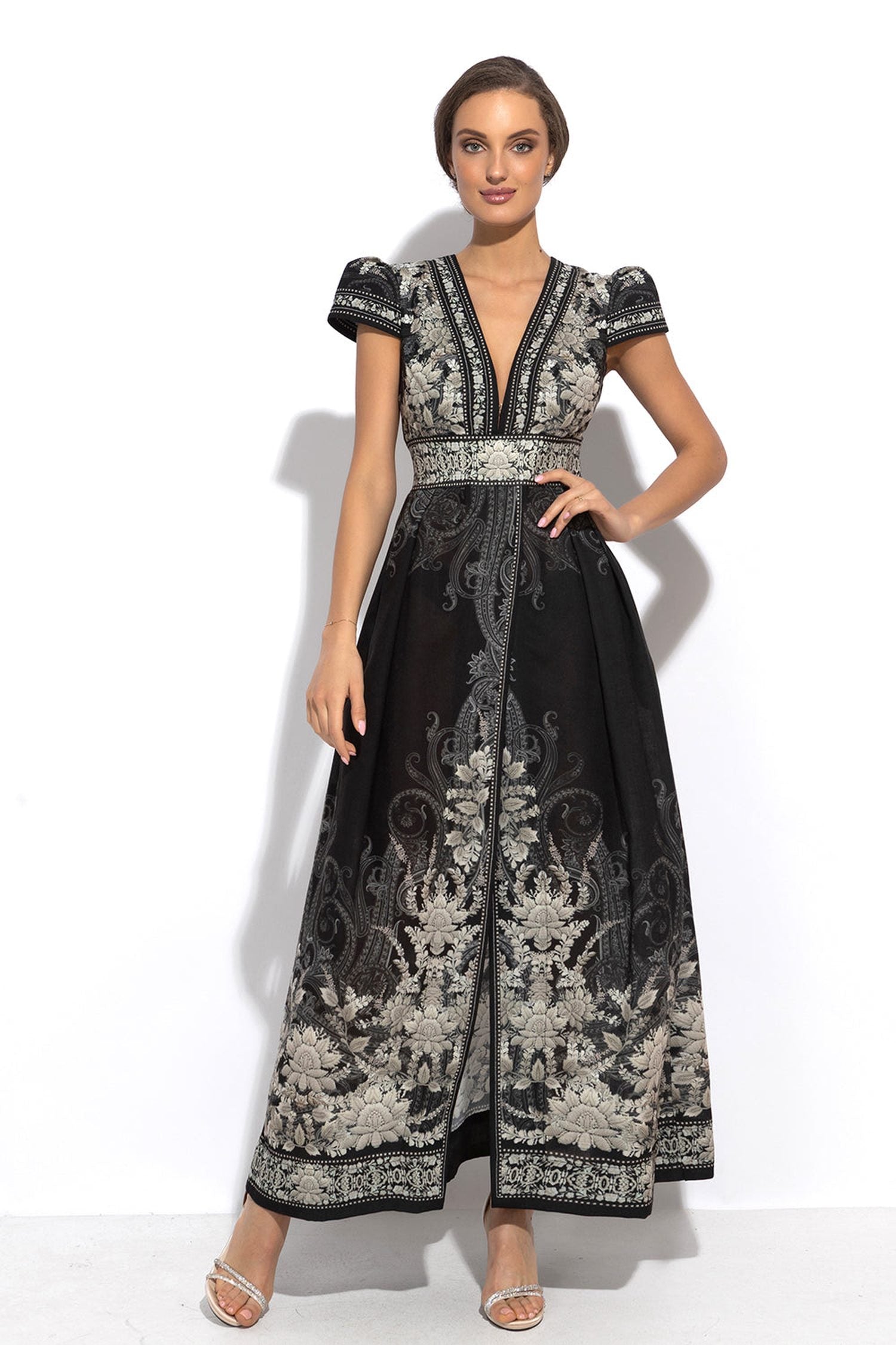 EMPIRE WAIST MAXI DRESS WITH LINEN FEEL - FROZEN LOTUS