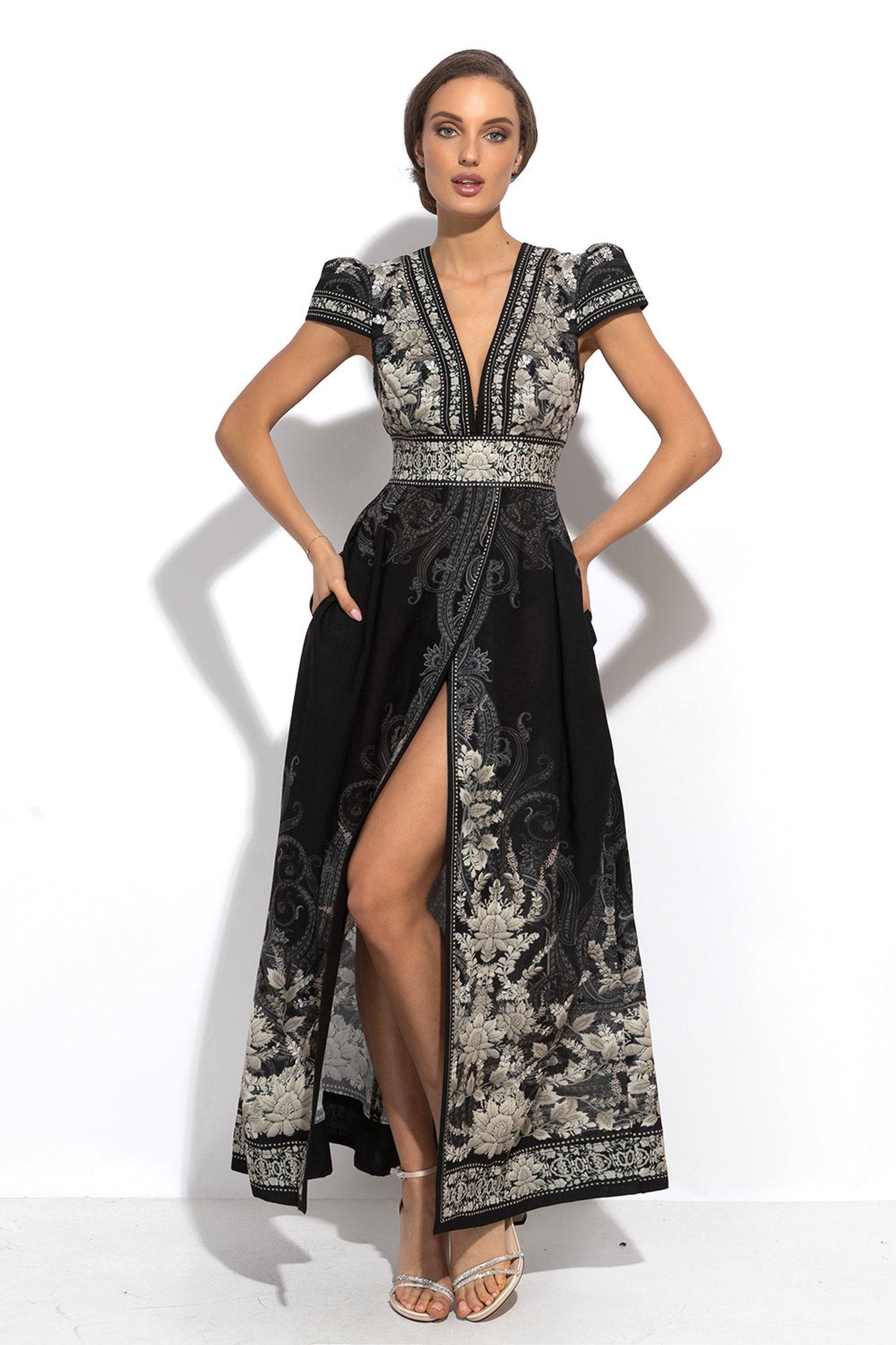 EMPIRE WAIST MAXI DRESS WITH LINEN FEEL - FROZEN LOTUS