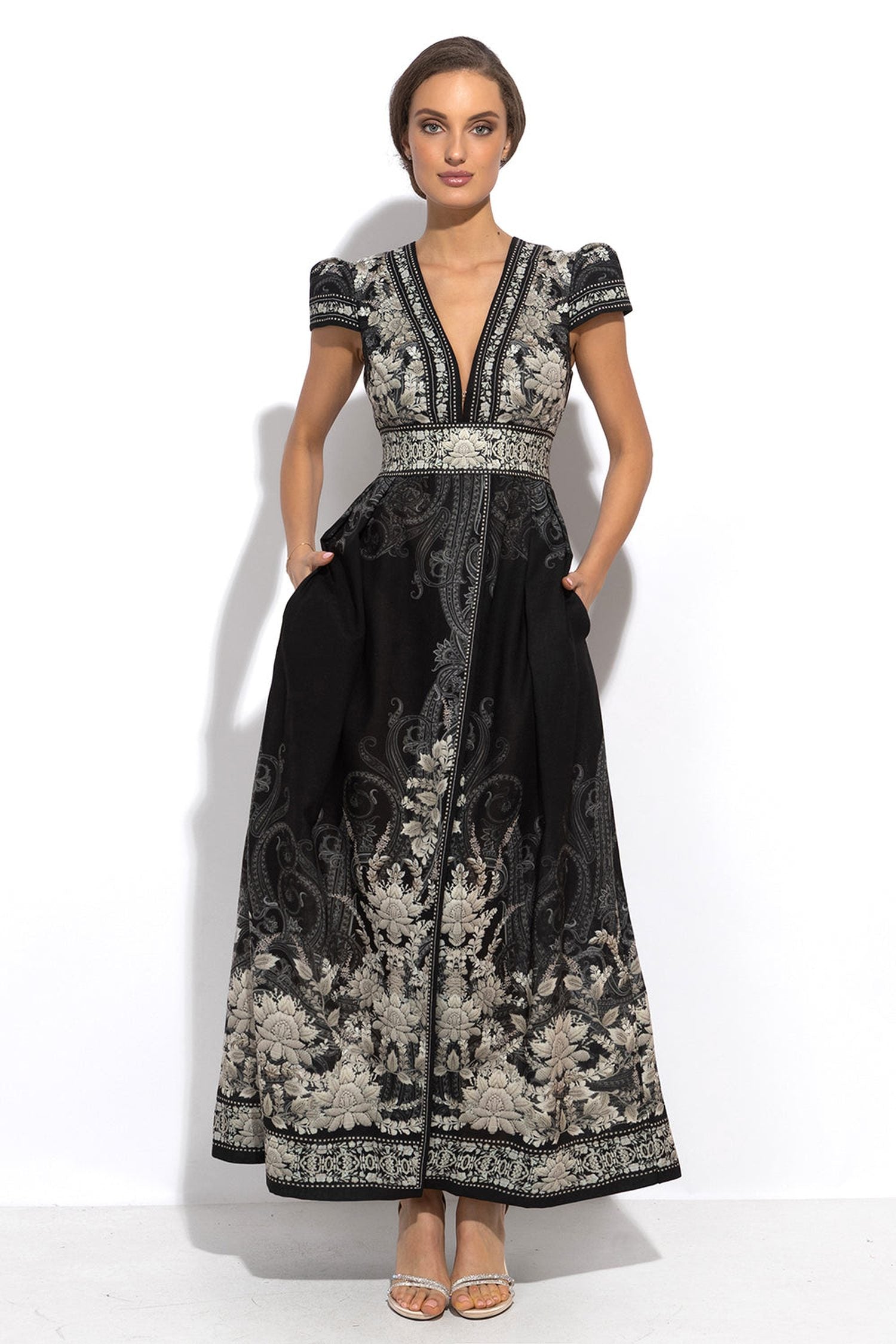 EMPIRE WAIST MAXI DRESS WITH LINEN FEEL - FROZEN LOTUS