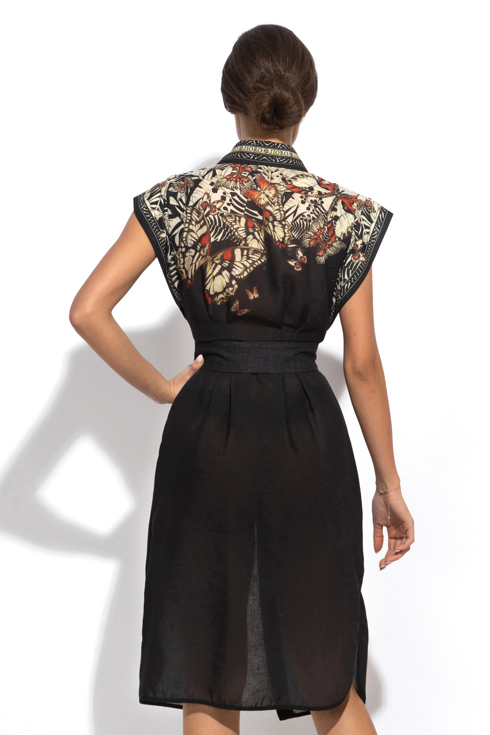 POPLIN SHIRT DRESS WITH OVAL HEM AND DRAPED WAIST - MIDNIGHT BUTTERFLIES JIORO РОКЛЯ ТИП РИЗА ОТ ПОПЛИН С ОВАЛЕН ПОДГЪВ И ДРАПИРАНА ТАЛИЯ - MIDNIGHT BUTTERFLIES JIORO