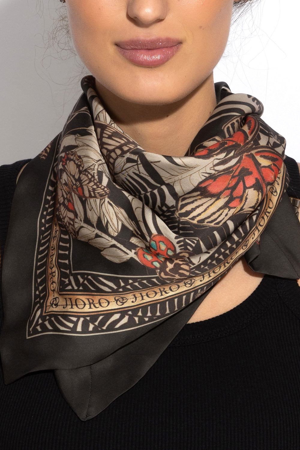 SQUARE VISCOSE HEADSCARF - MIDNIGHT BUTTERFLIES JIORO КВАДРАТНА КЪРПА ЗА ГЛАВА ОТ ВИСКОЗА - MIDNIGHT BUTTERFLIES JIORO