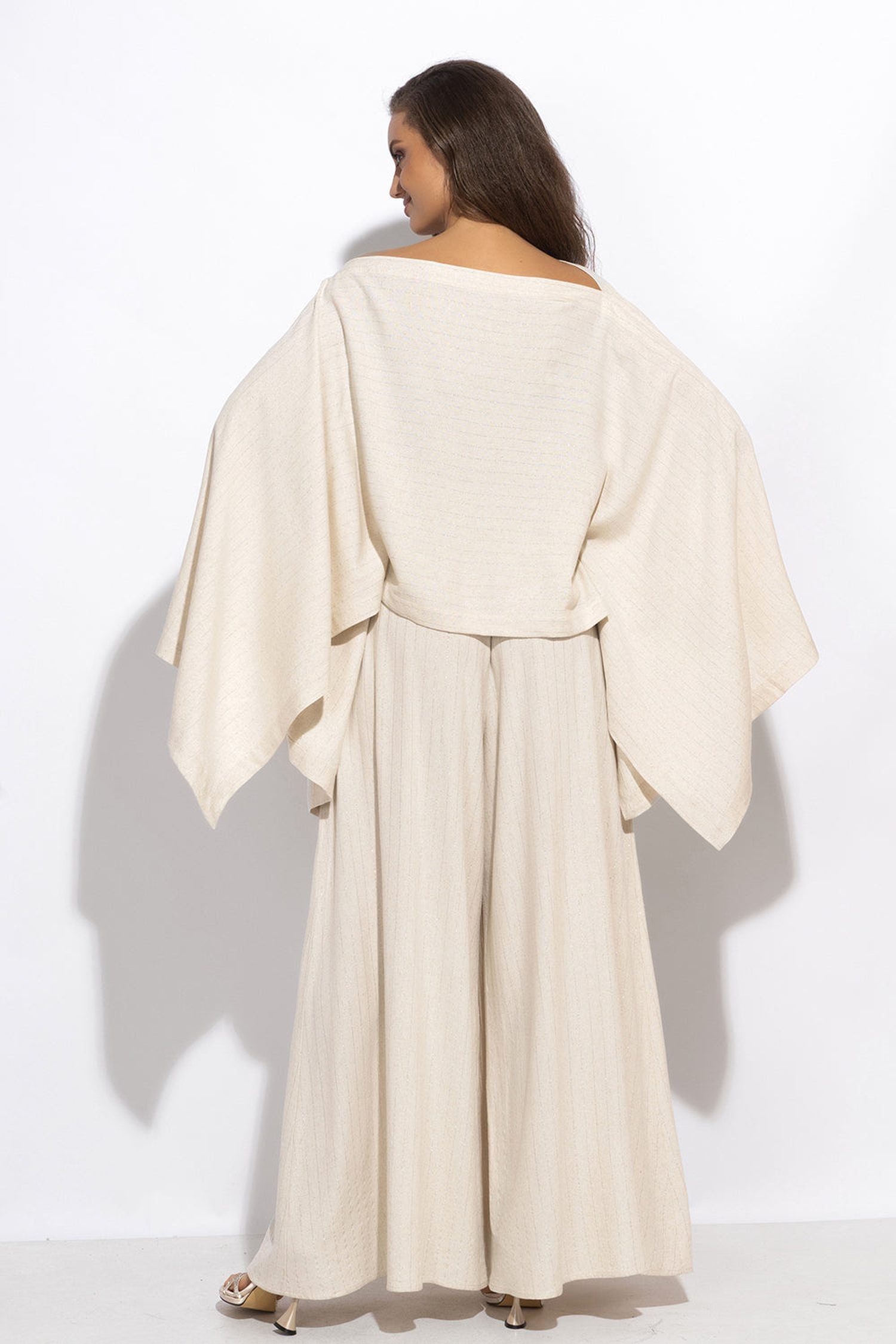 HIGH-WAISTED VISCOSE-LINEN PANTS WITH SLITS IN ECRU STRIPED - ESSENTIALS