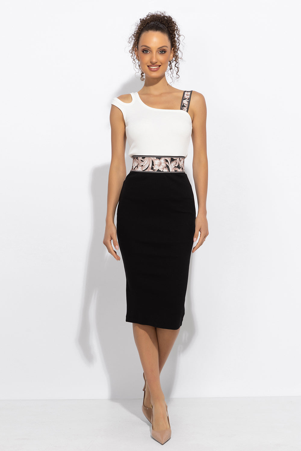 RIBBED COTTON PENCIL SKIRT WITH ELASTIC WAIST IN BAROQUE PEARL - ESSENTIALS
