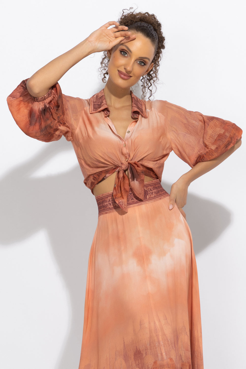 3/4-SLEEVE SHIRT WITH ELASTIC HEM AND SHELL BUTTON PLASTRON IN VISCOSE-SILK - ANCIENT TOWN