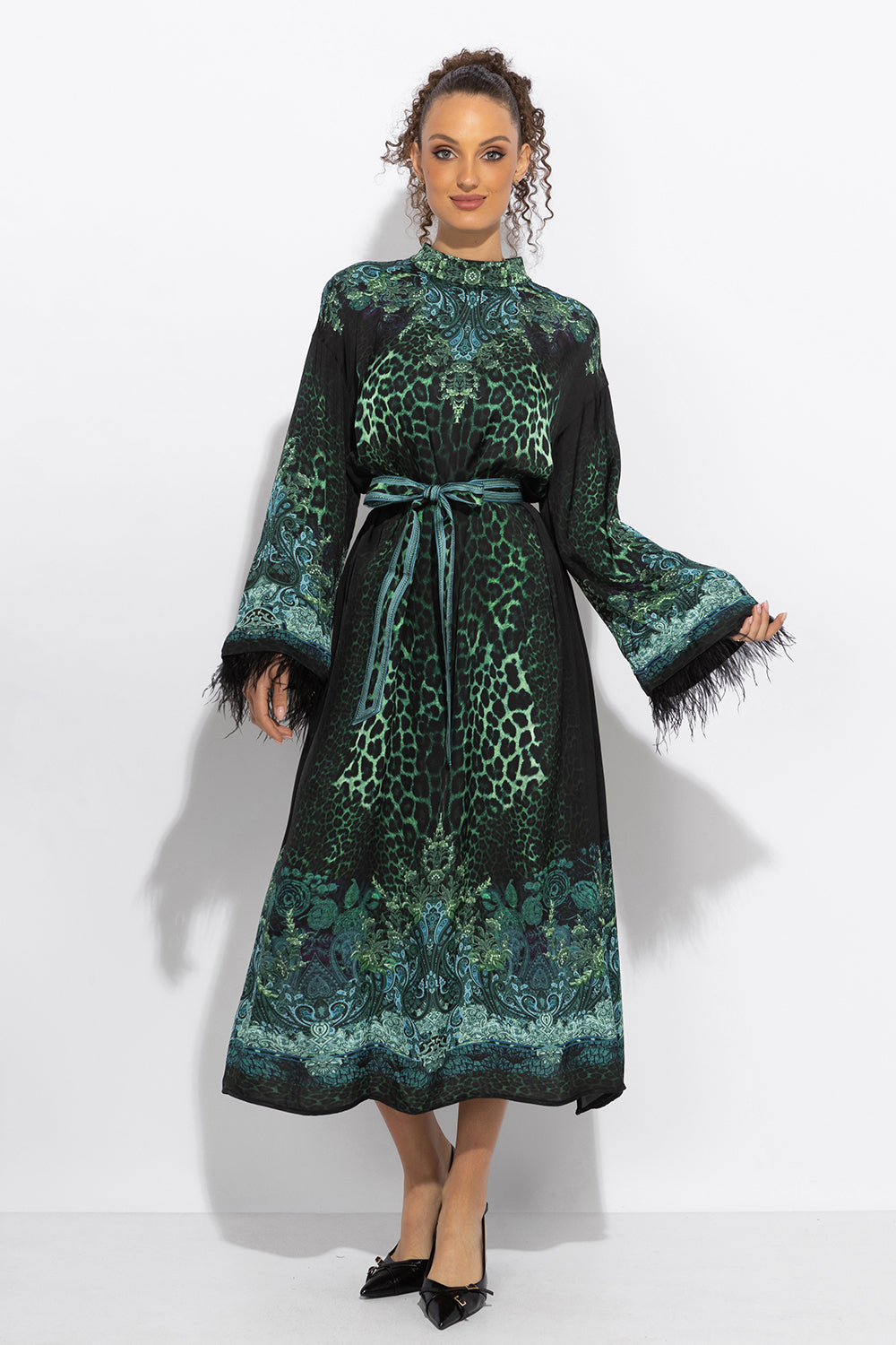 VISCOSE CAFTAN WITH FEATHERS - LEO NEON GREEN JIORO КАФТАН ОТ ВИСКОЗА С ПЕРА - LEO NEON GREEN JIORO