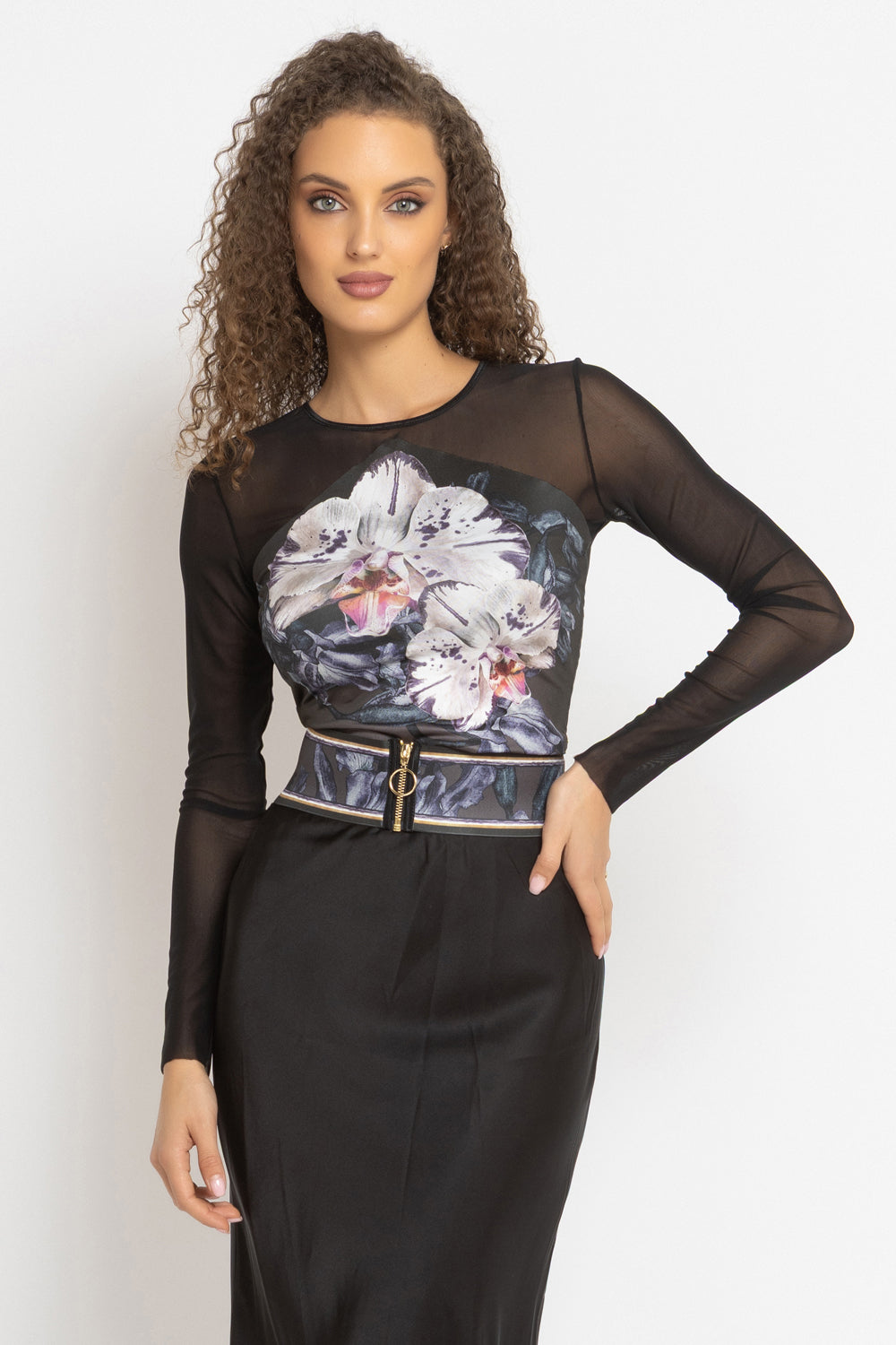 PRINT BLOUSE WITH MESH SLEEVES - ORCHID ICE