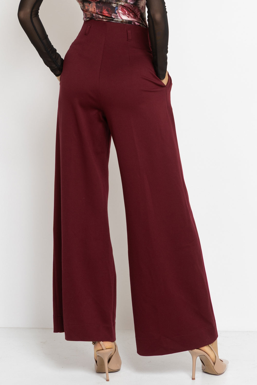 VISCOSE BLEND HIGH-WAISTED BURGUNDY TROUSERS - ESSENTIALS