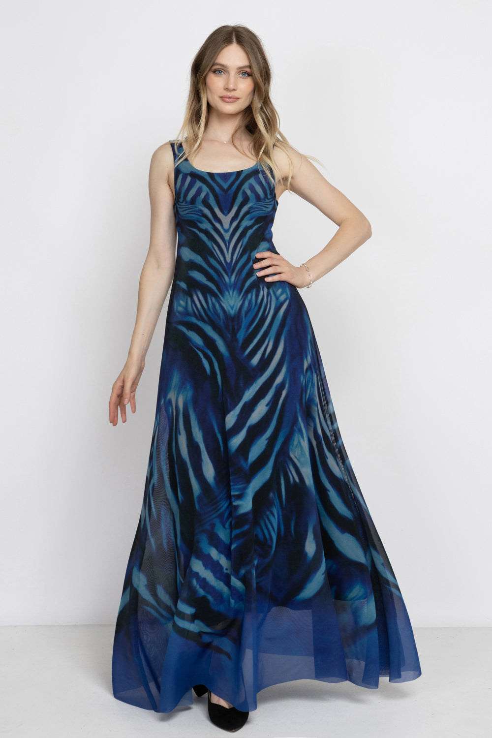 SLEEVELESS LONG MESH DRESS WITH SOFT MODAL LINING - SHADES OF BLUE