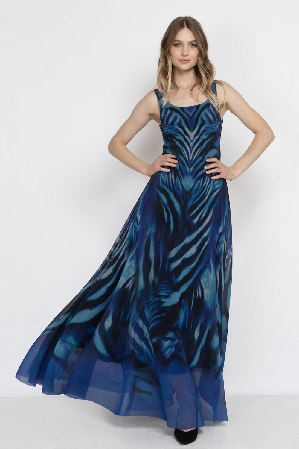 SLEEVELESS LONG MESH DRESS WITH SOFT MODAL LINING - SHADES OF BLUE