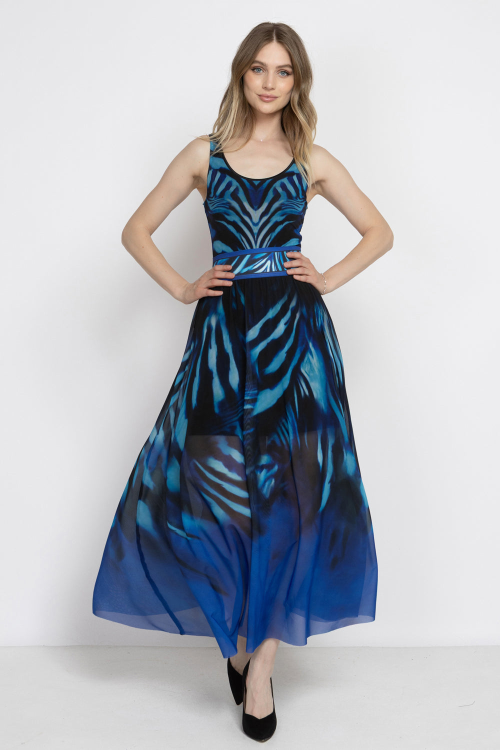 FLARED MESH SKIRT WITH MODAL LINING - SHADES OF BLUE