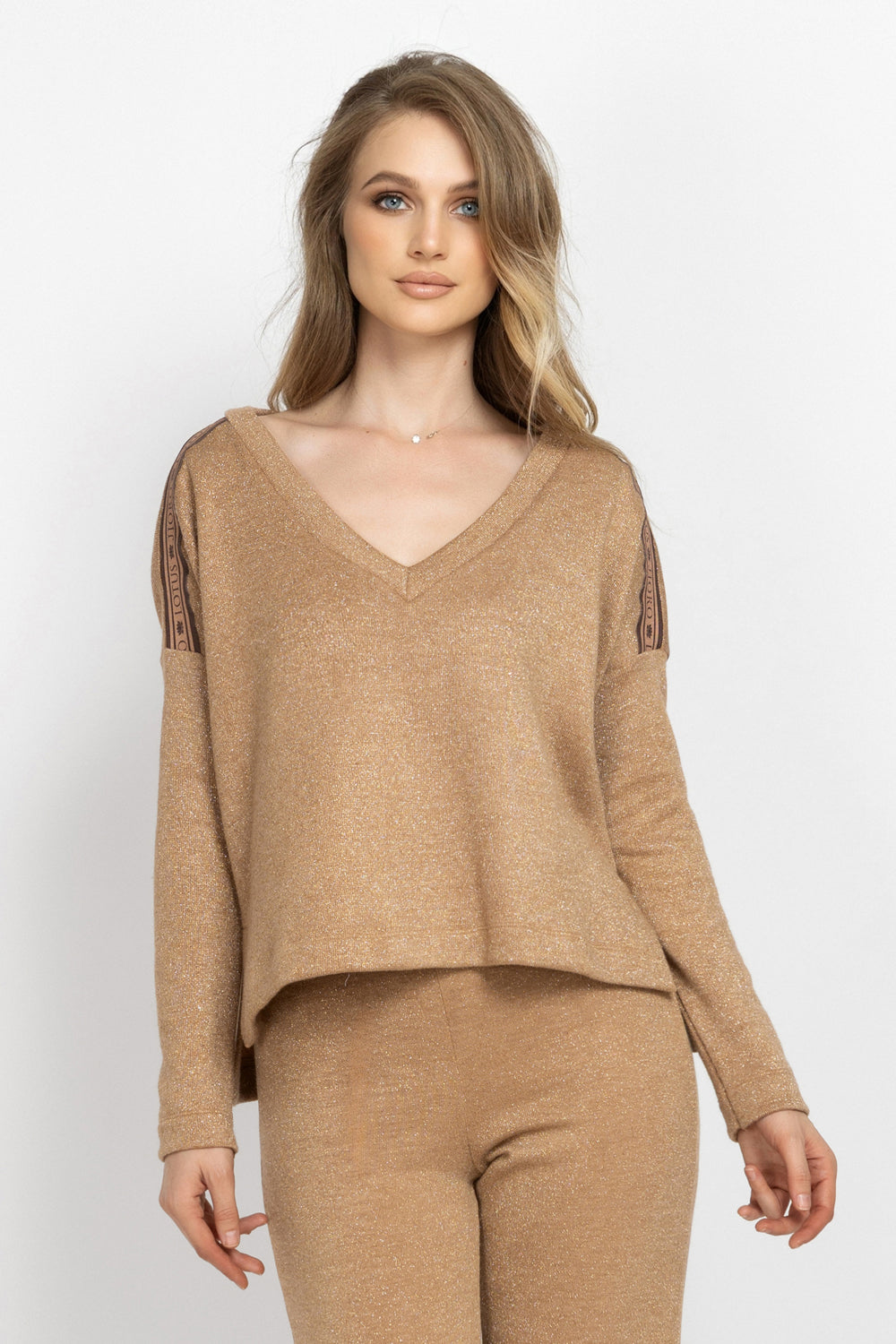 GOLD LUREX V-NECK TOP - ESSENTIALS