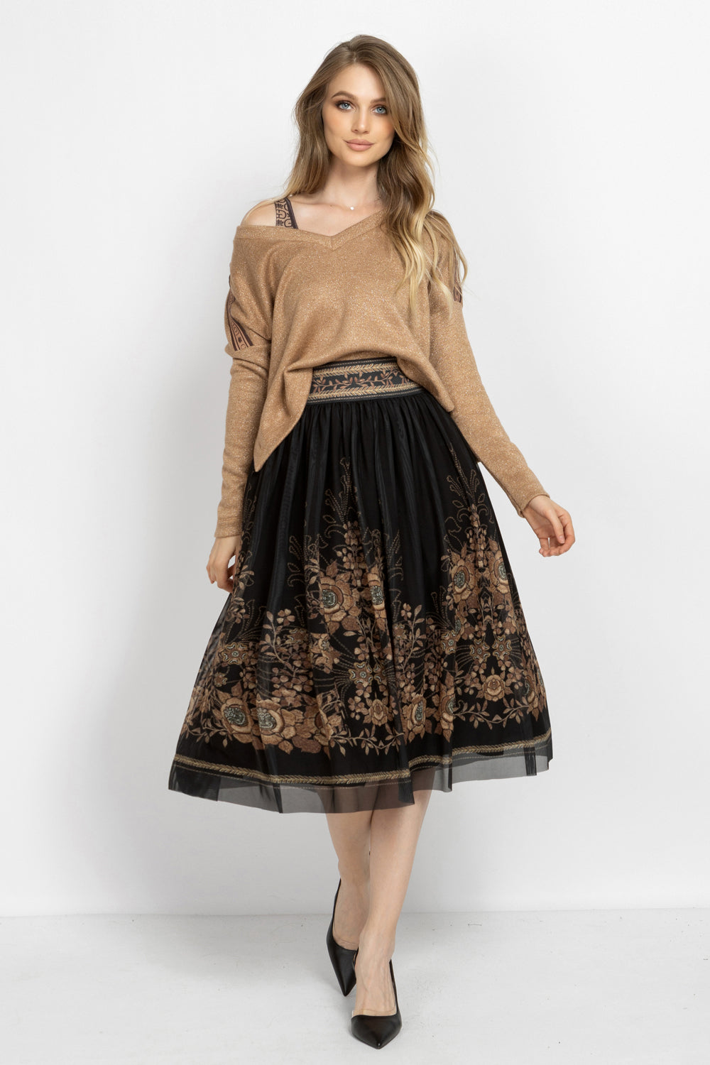 GOLD LUREX V-NECK TOP - ESSENTIALS