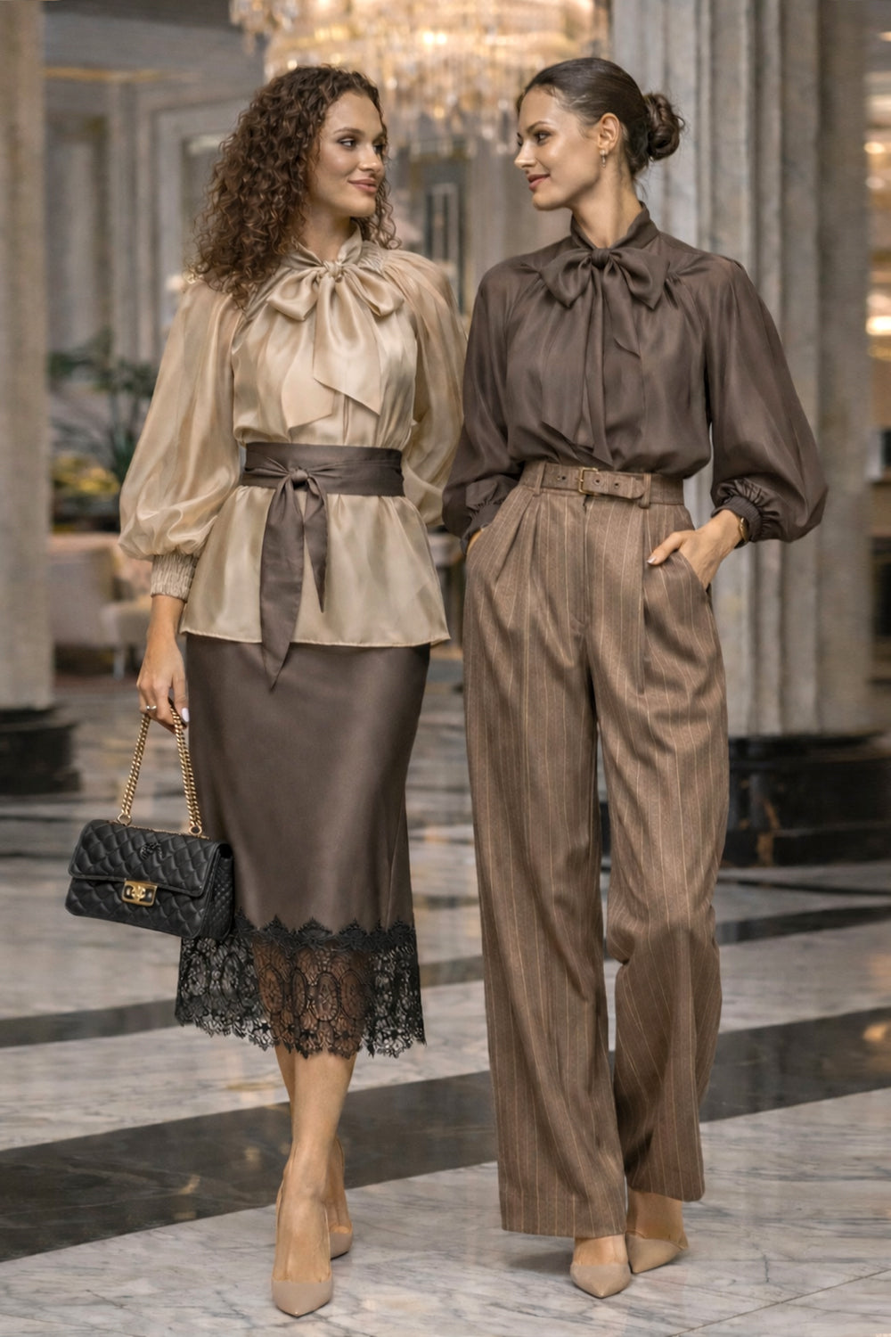 BOHEMIAN BEIGE LYOCELL BLOUSE WITH PUFF SLEEVES AND TIE-FRONT COLLAR - ESSENTIALS JIORO БОХЕМСКА РИЗА ОТ ЛИОЦЕЛ В БЕЖОВО С БОГАТИ РЪКАВИ И ВРЪЗКА - ESSENTIALS JIORO