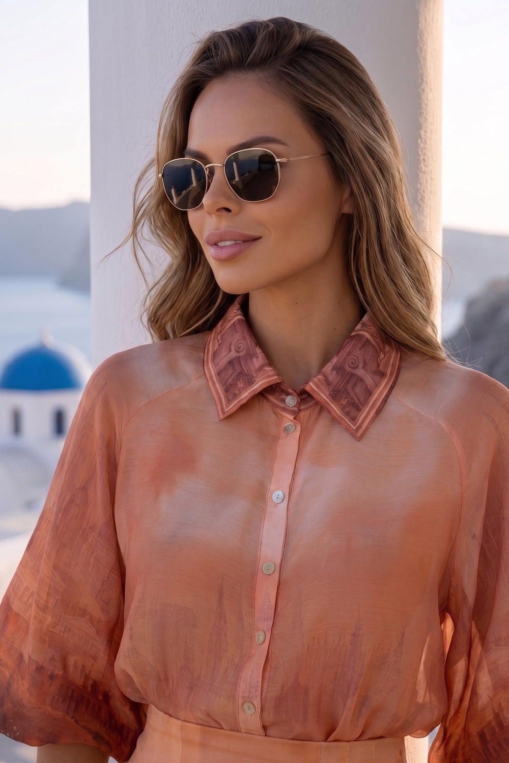 3/4-SLEEVE SHIRT WITH ELASTIC HEM AND SHELL BUTTON PLASTRON IN VISCOSE-SILK - ANCIENT TOWN